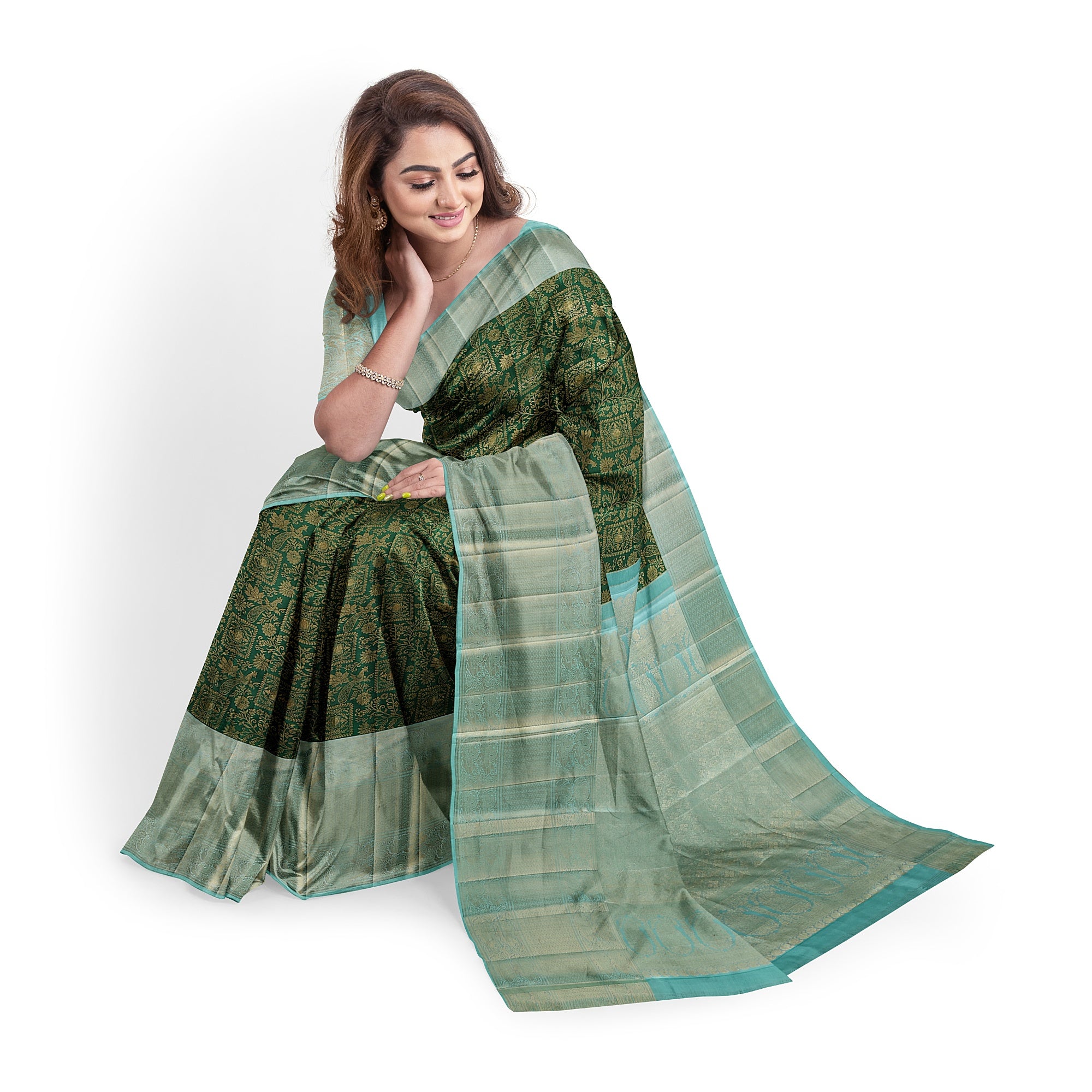 Bottle Green Brocade Kanjivaram Silk Saree with Sky Blue Zari Border – Pure Handloom Silk Saree Online - New Sudarshan Silks`