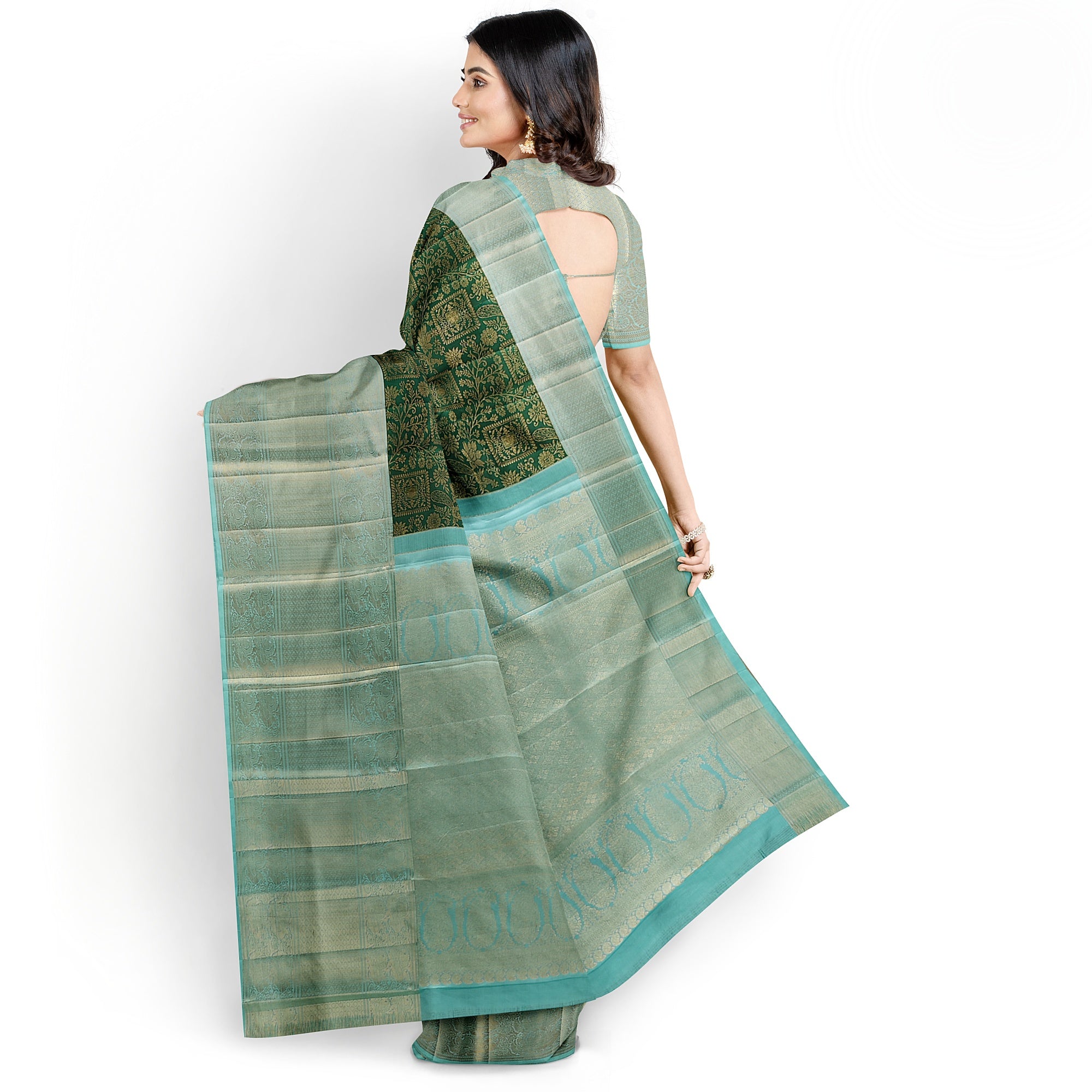 Bottle Green Brocade Kanjivaram Silk Saree with Sky Blue Zari Border – Pure Handloom Silk Saree Online - New Sudarshan Silks`