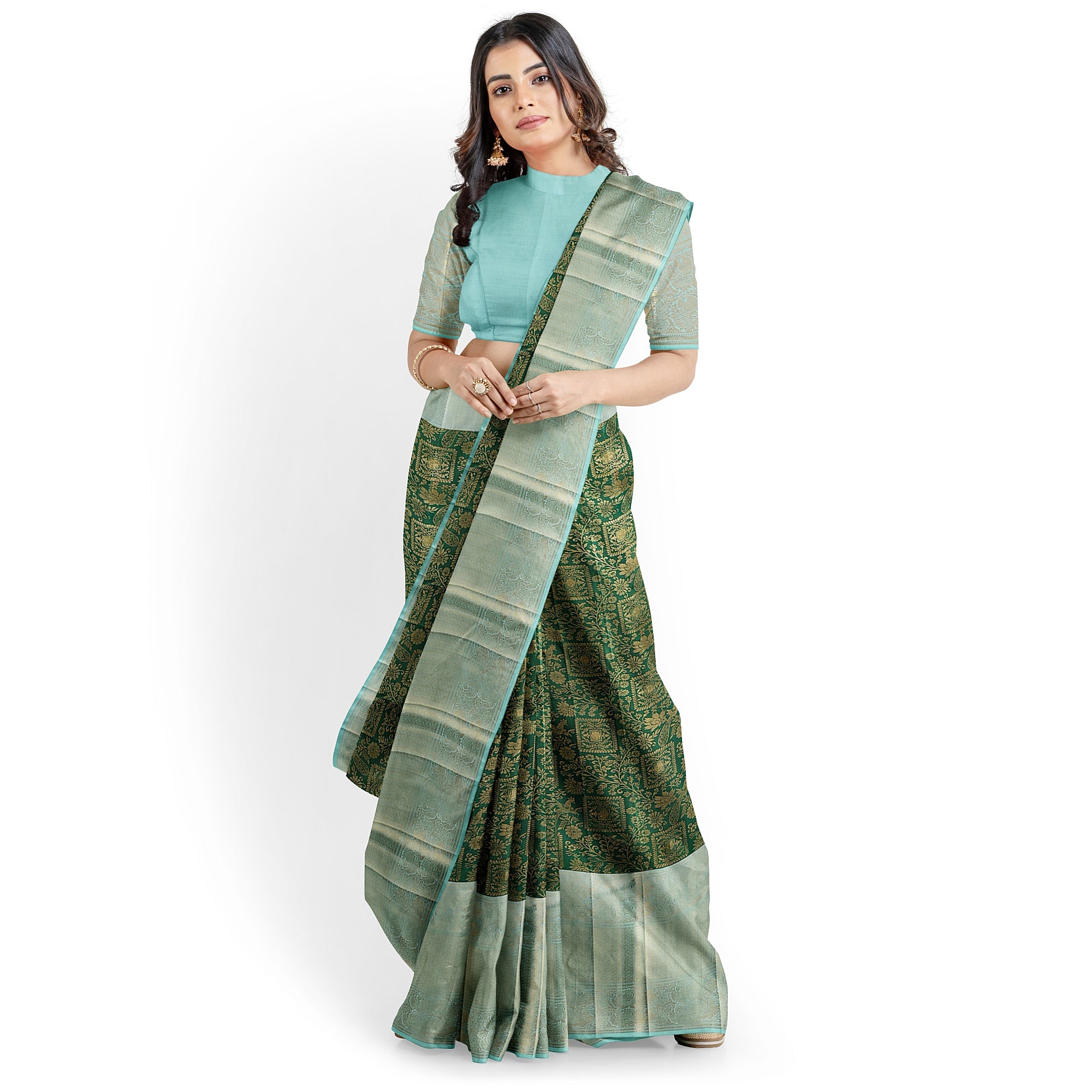 Bottle Green Brocade Kanjivaram Silk Saree with Sky Blue Zari Border – Pure Handloom Silk Saree Online - New Sudarshan Silks`