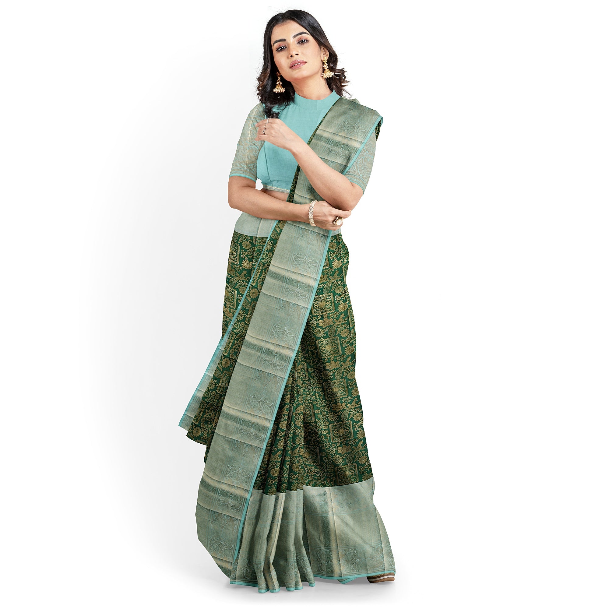 Bottle Green Brocade Kanjivaram Silk Saree with Sky Blue Zari Border – Pure Handloom Silk Saree Online - New Sudarshan Silks`