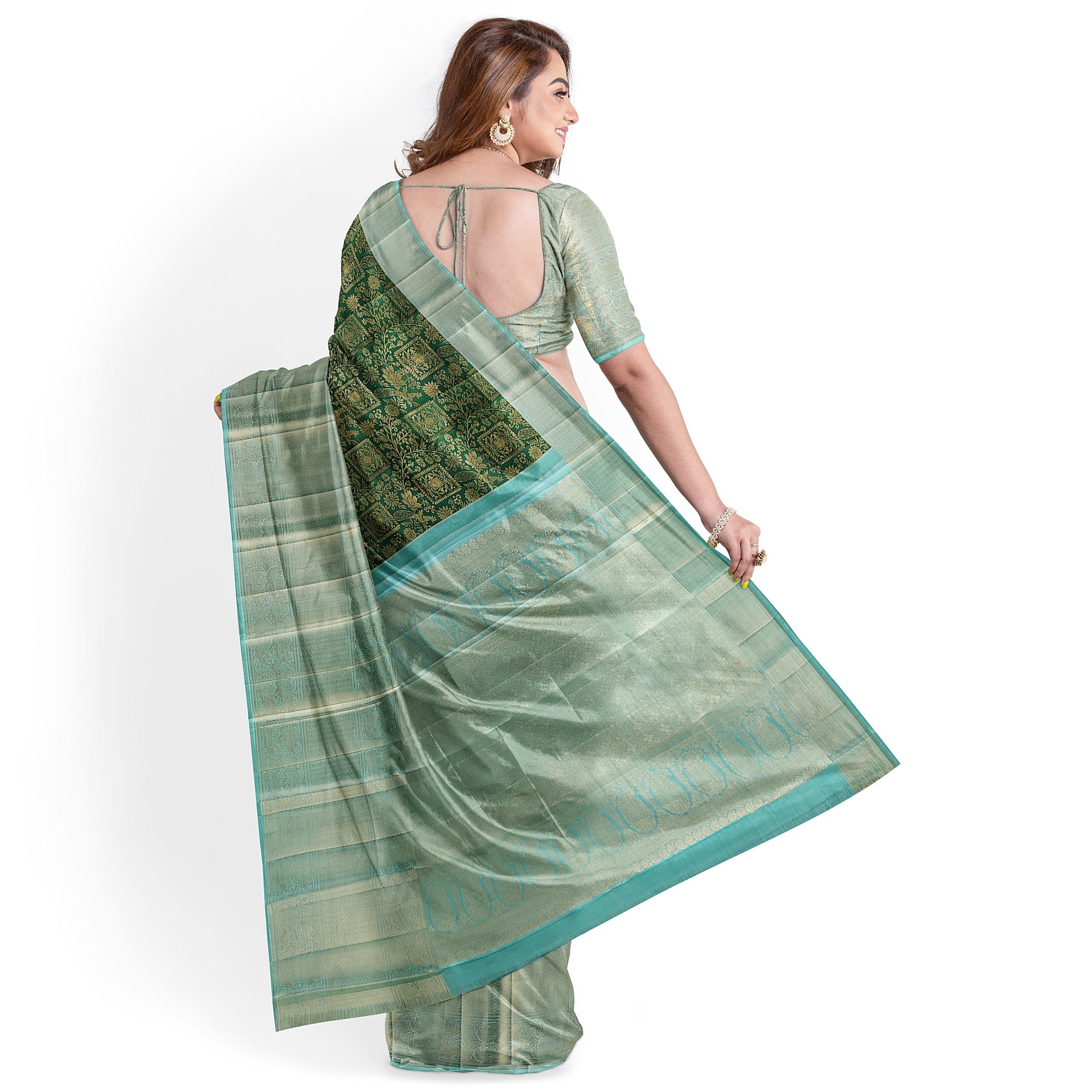 Bottle Green Brocade Kanjivaram Silk Saree with Sky Blue Zari Border – Pure Handloom Silk Saree Online - New Sudarshan Silks`