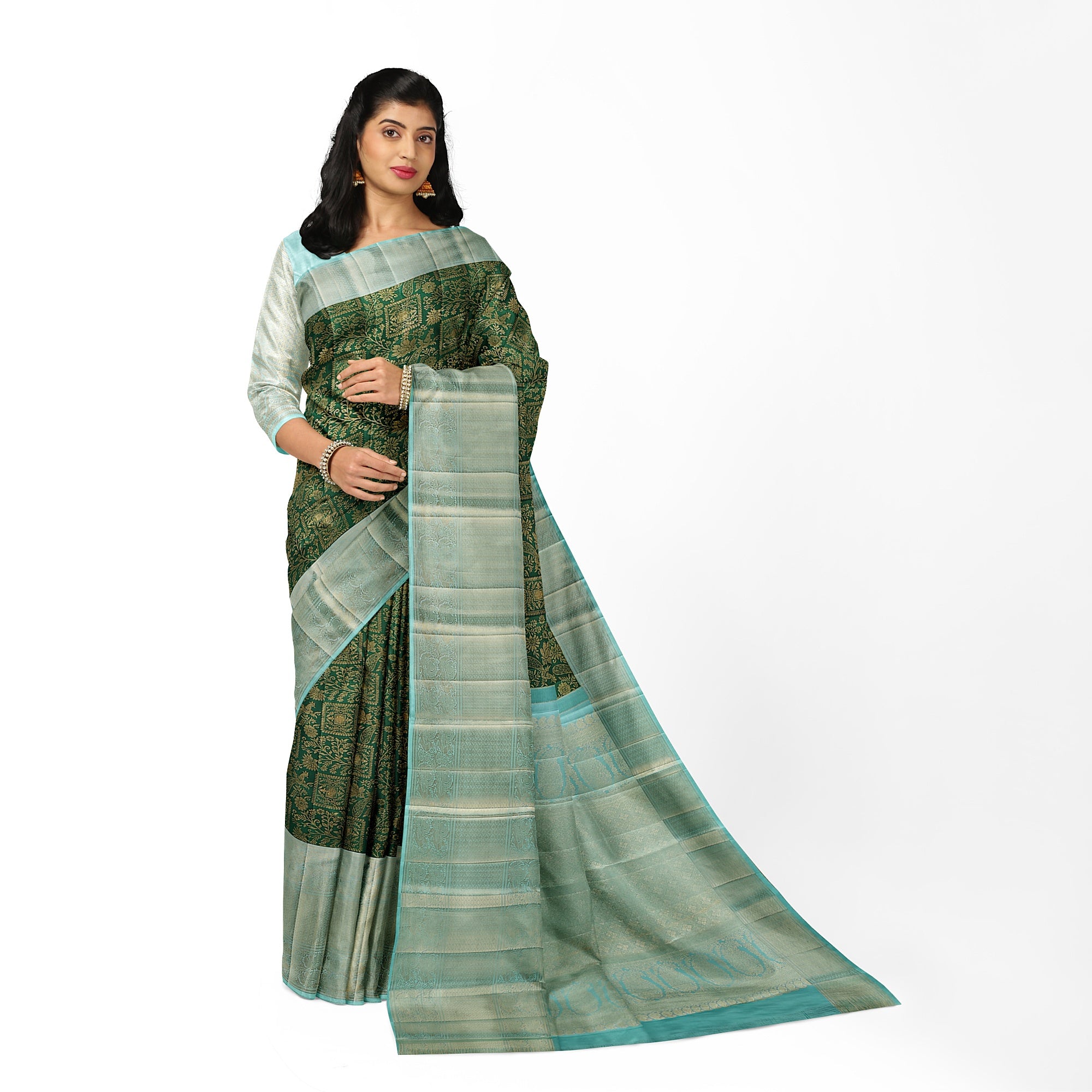 Bottle Green Brocade Kanjivaram Silk Saree with Sky Blue Zari Border – Pure Handloom Silk Saree Online - New Sudarshan Silks`