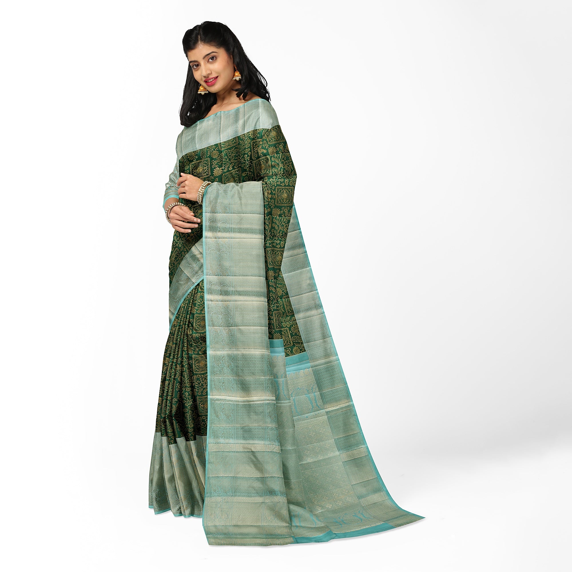 Bottle Green Brocade Kanjivaram Silk Saree with Sky Blue Zari Border – Pure Handloom Silk Saree Online - New Sudarshan Silks`