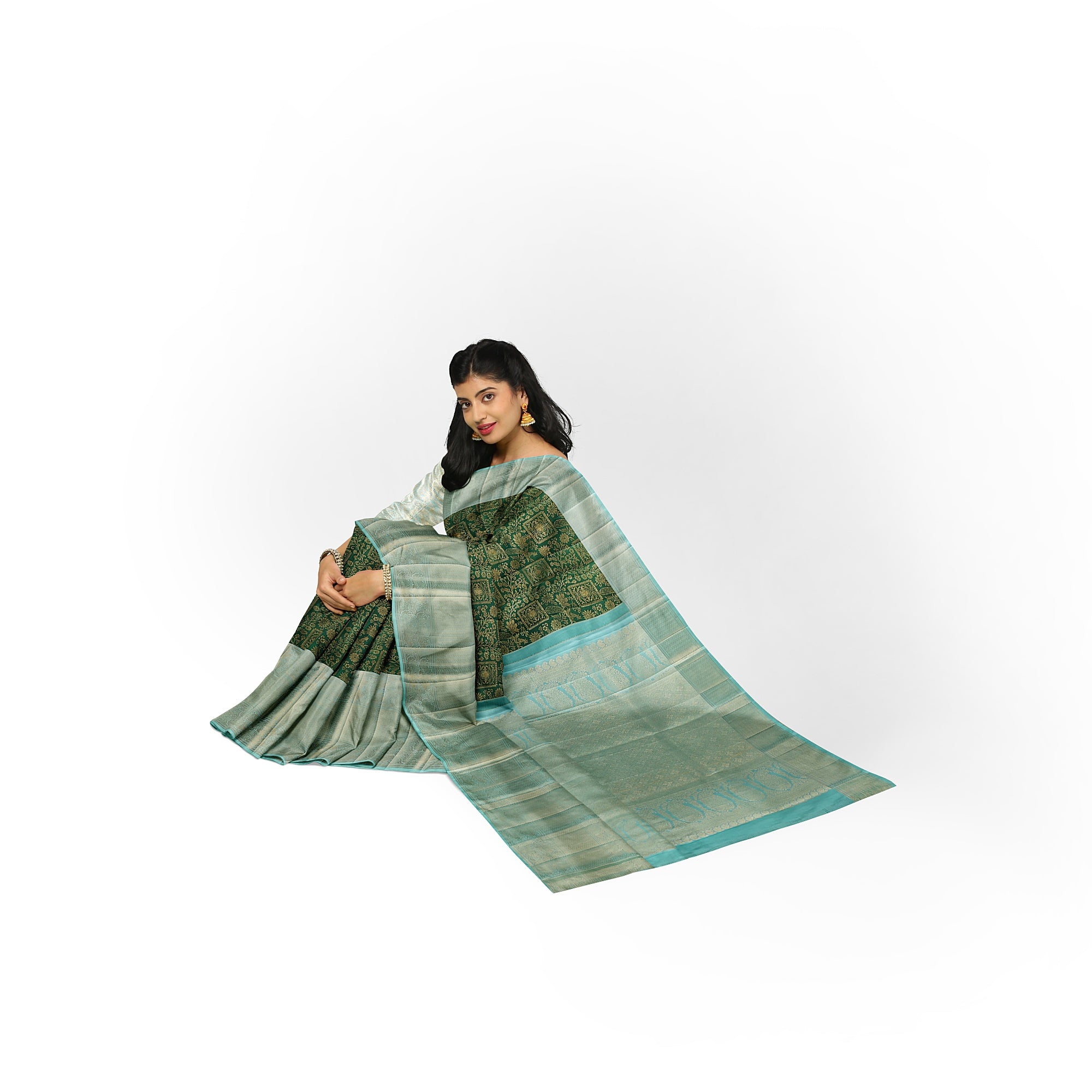Bottle Green Brocade Kanjivaram Silk Saree with Sky Blue Zari Border – Pure Handloom Silk Saree Online - New Sudarshan Silks`