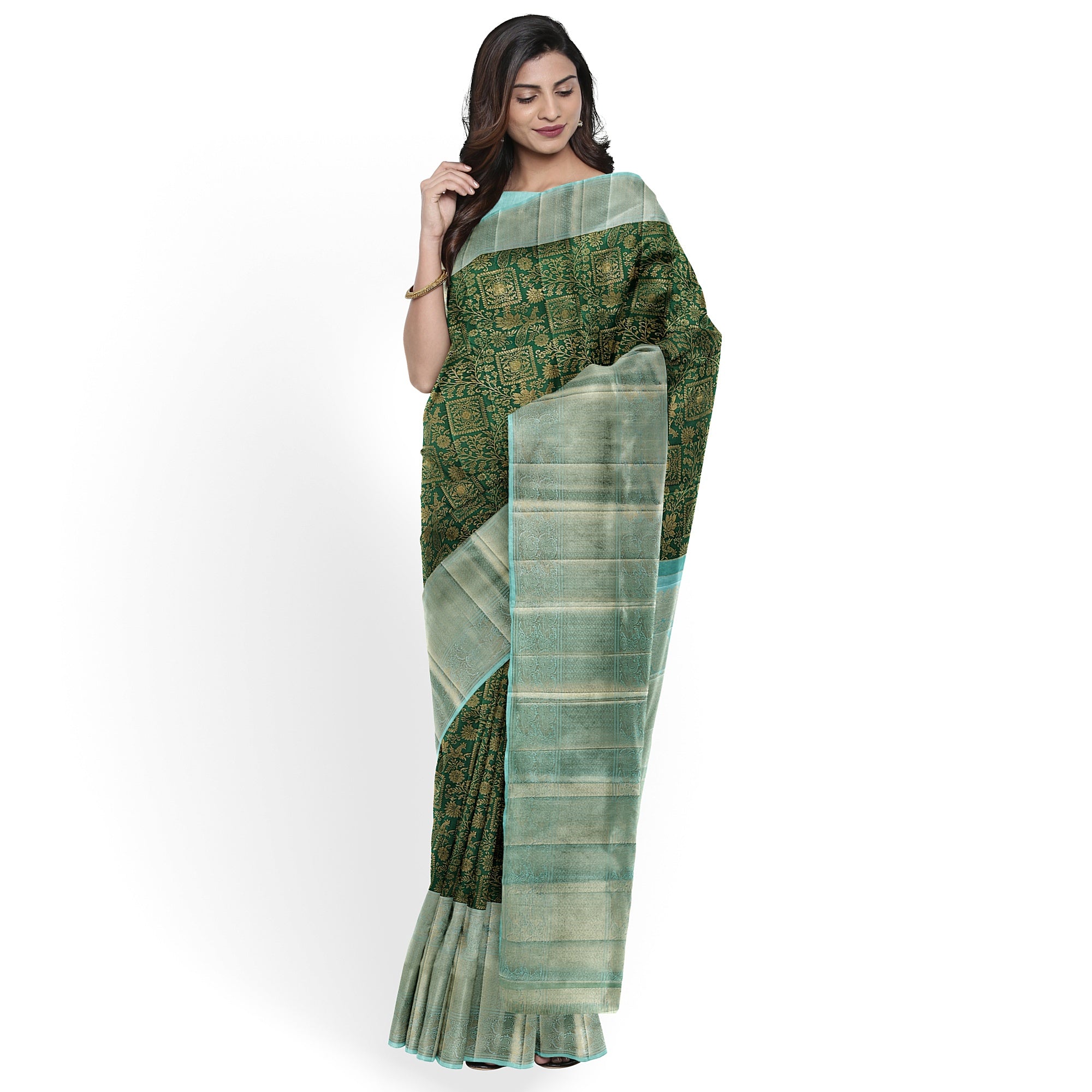 Bottle Green Brocade Kanjivaram Silk Saree with Sky Blue Zari Border – Pure Handloom Silk Saree Online - New Sudarshan Silks`