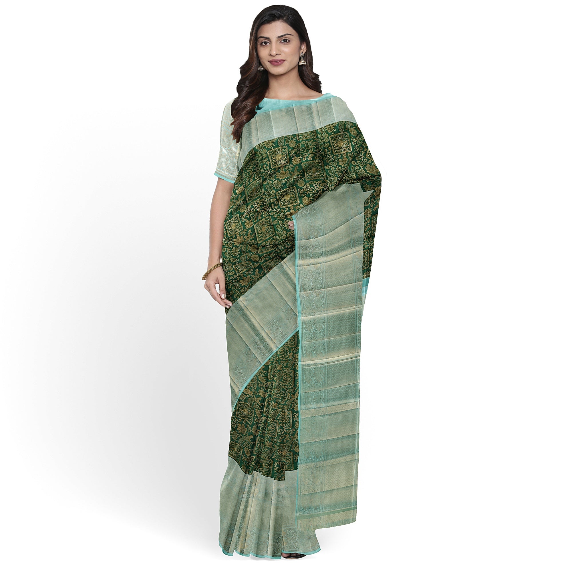 Bottle Green Brocade Kanjivaram Silk Saree with Sky Blue Zari Border – Pure Handloom Silk Saree Online - New Sudarshan Silks`
