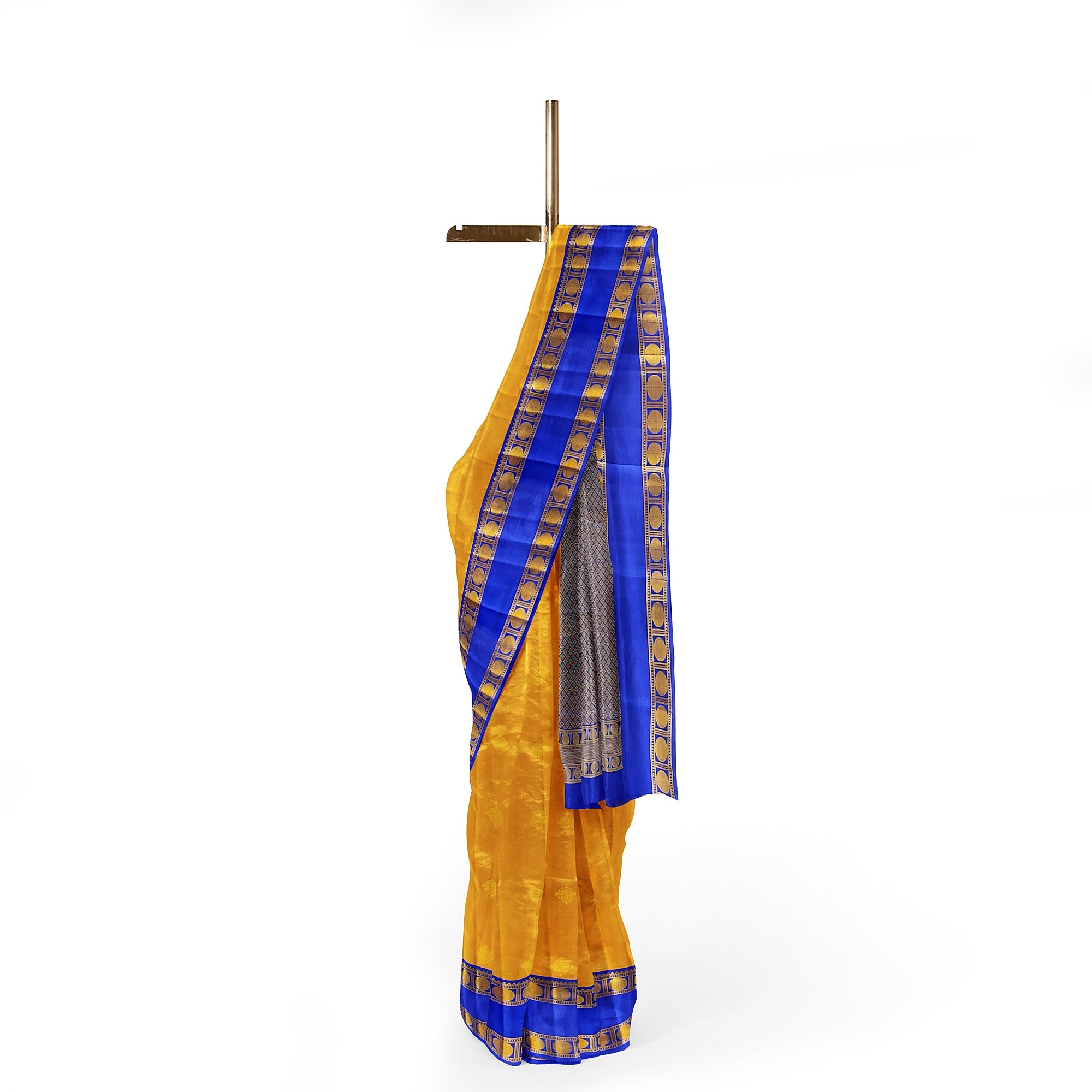 Mustard Yellow Kanjivaram Silk Saree with Navy Blue Zari Border – Traditional Handloom Saree Online - New Sudarshan Silks`