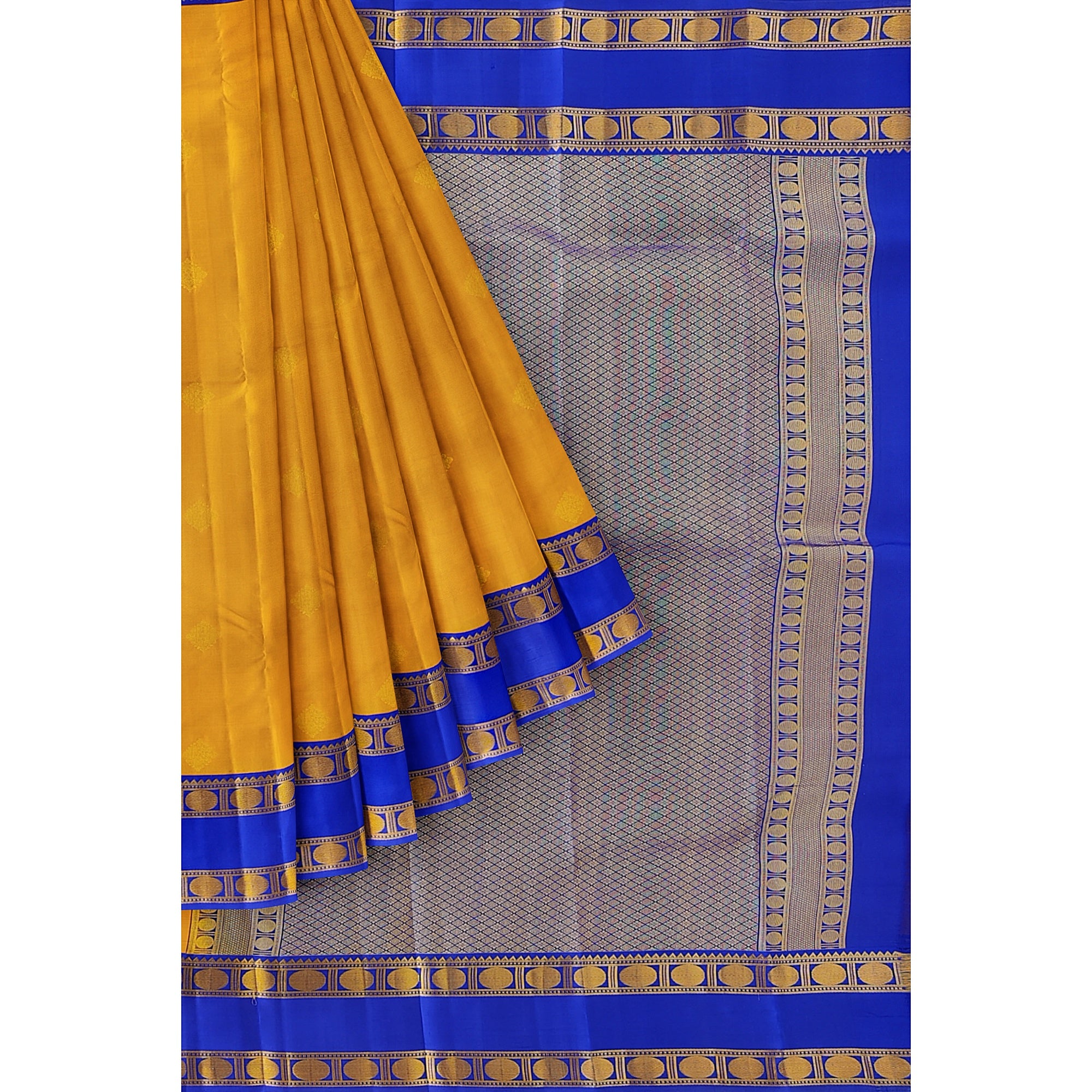 Mustard Yellow Kanjivaram Silk Saree with Navy Blue Zari Border – Traditional Handloom Saree Online - New Sudarshan Silks`
