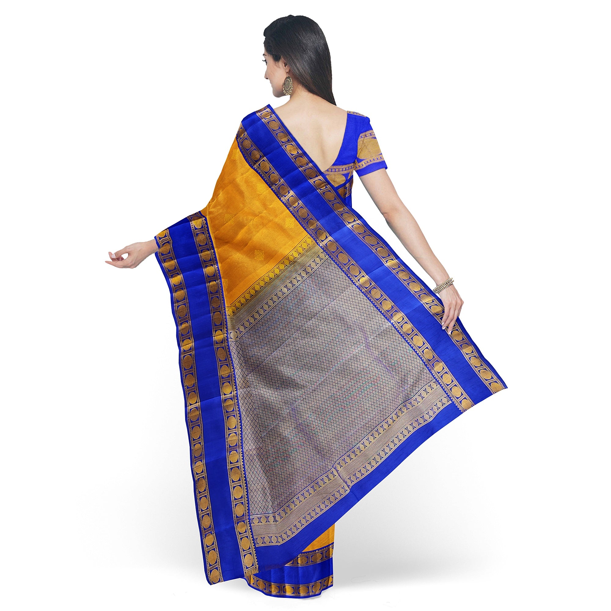 Mustard Yellow Kanjivaram Silk Saree with Navy Blue Zari Border – Traditional Handloom Saree Online - New Sudarshan Silks`