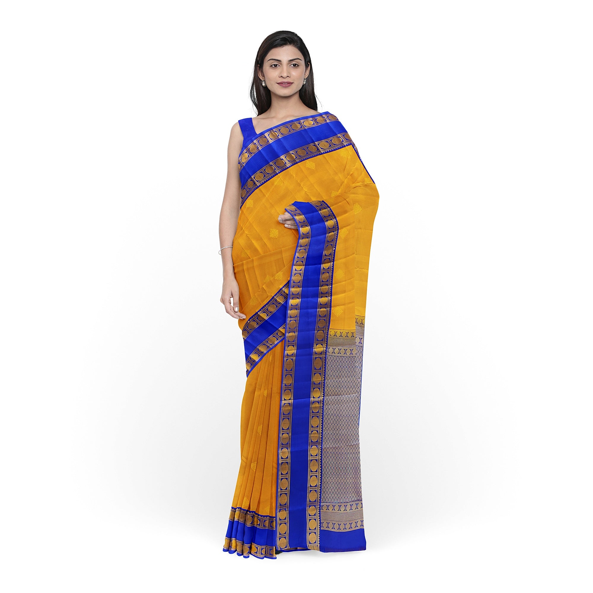 Mustard Yellow Kanjivaram Silk Saree with Navy Blue Zari Border – Traditional Handloom Saree Online - New Sudarshan Silks`