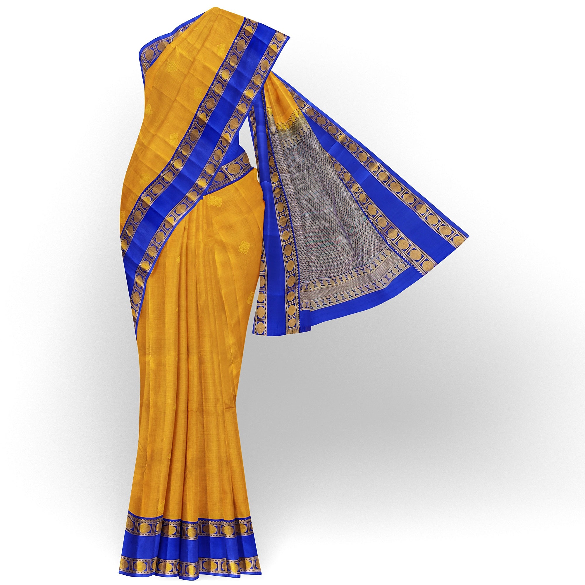 Mustard Yellow Kanjivaram Silk Saree with Navy Blue Zari Border – Traditional Handloom Saree Online - New Sudarshan Silks`