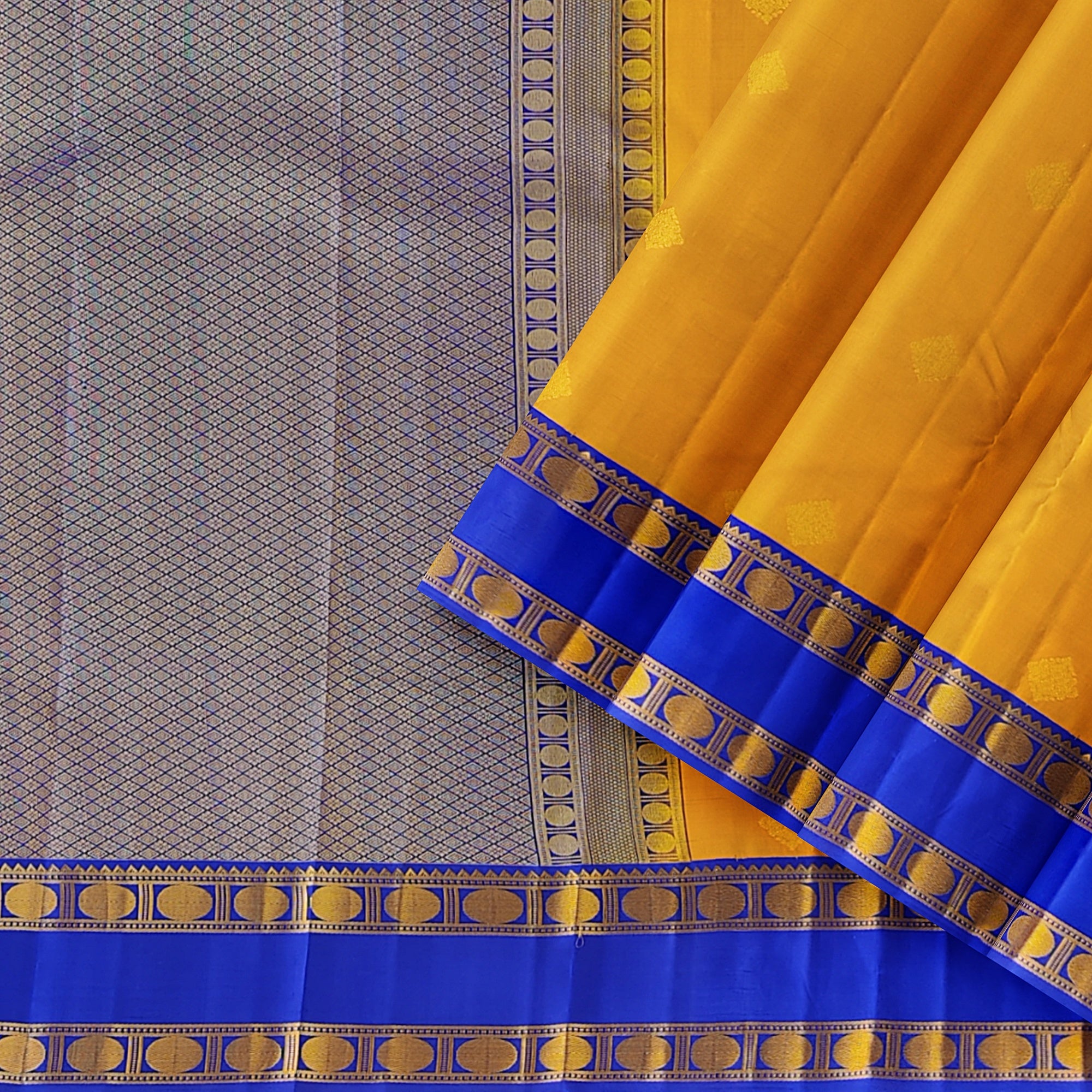 Mustard Yellow Kanjivaram Silk Saree with Navy Blue Zari Border – Traditional Handloom Saree Online - New Sudarshan Silks`