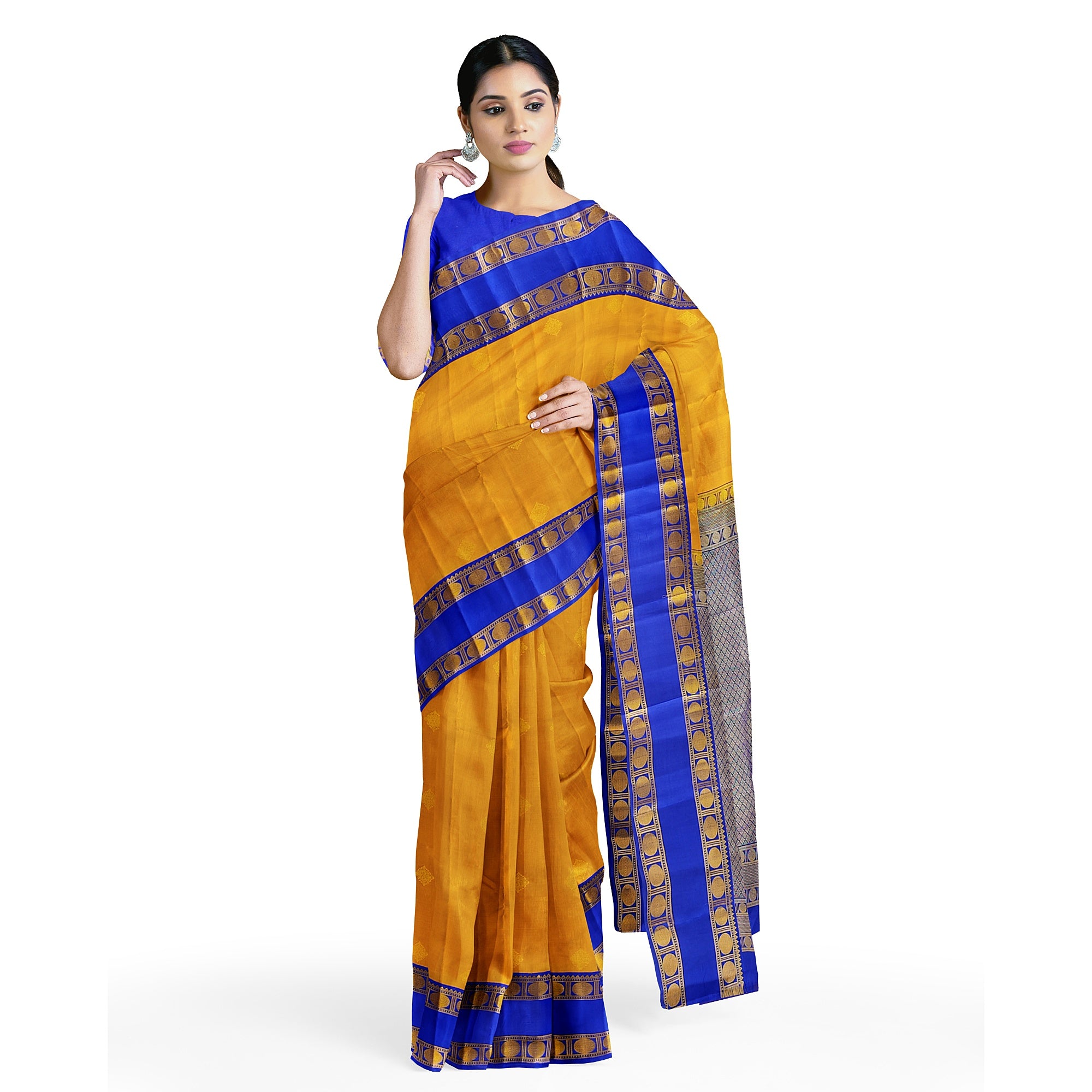 Mustard Yellow Kanjivaram Silk Saree with Navy Blue Zari Border – Traditional Handloom Saree Online - New Sudarshan Silks`