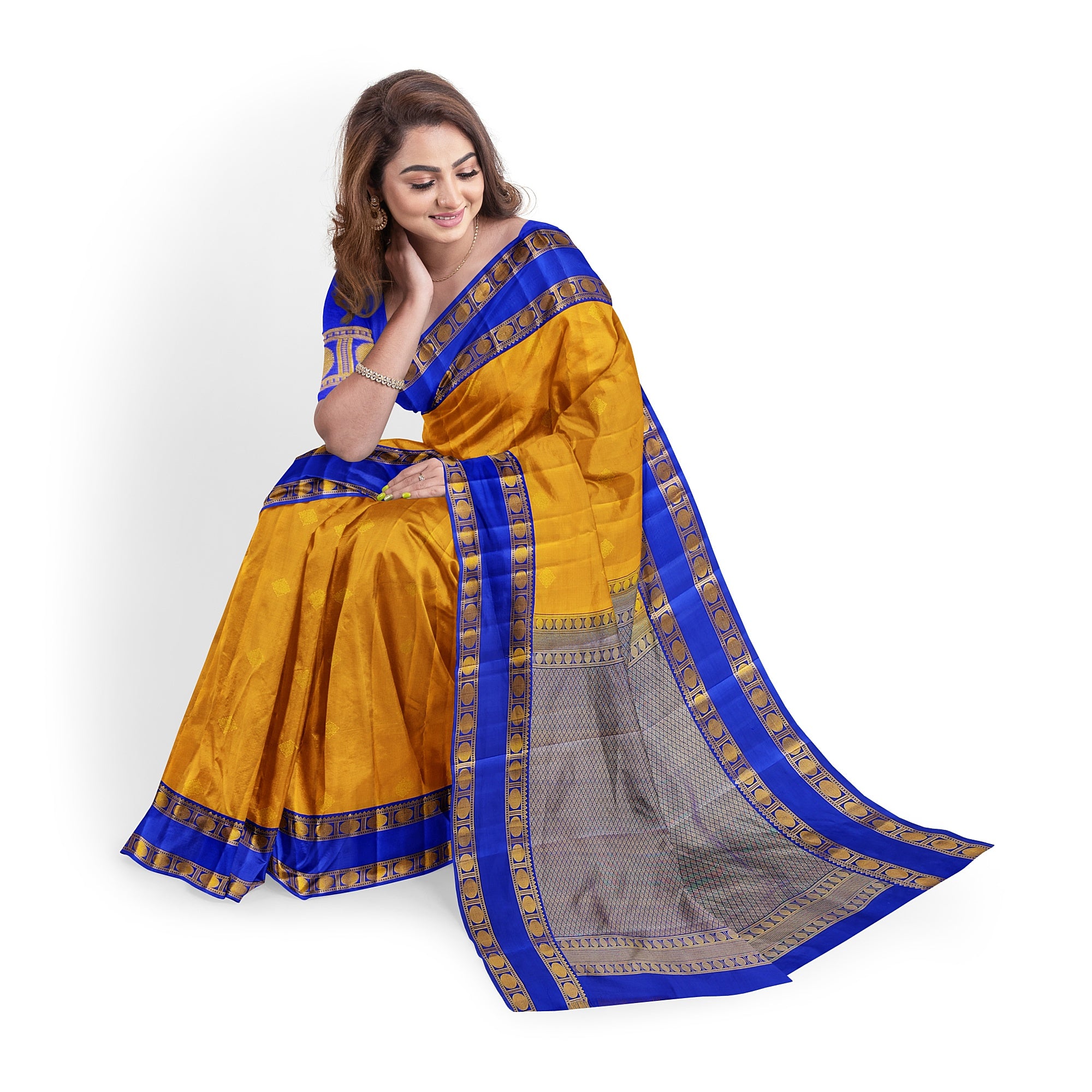 Mustard Yellow Kanjivaram Silk Saree with Navy Blue Zari Border – Traditional Handloom Saree Online - New Sudarshan Silks`