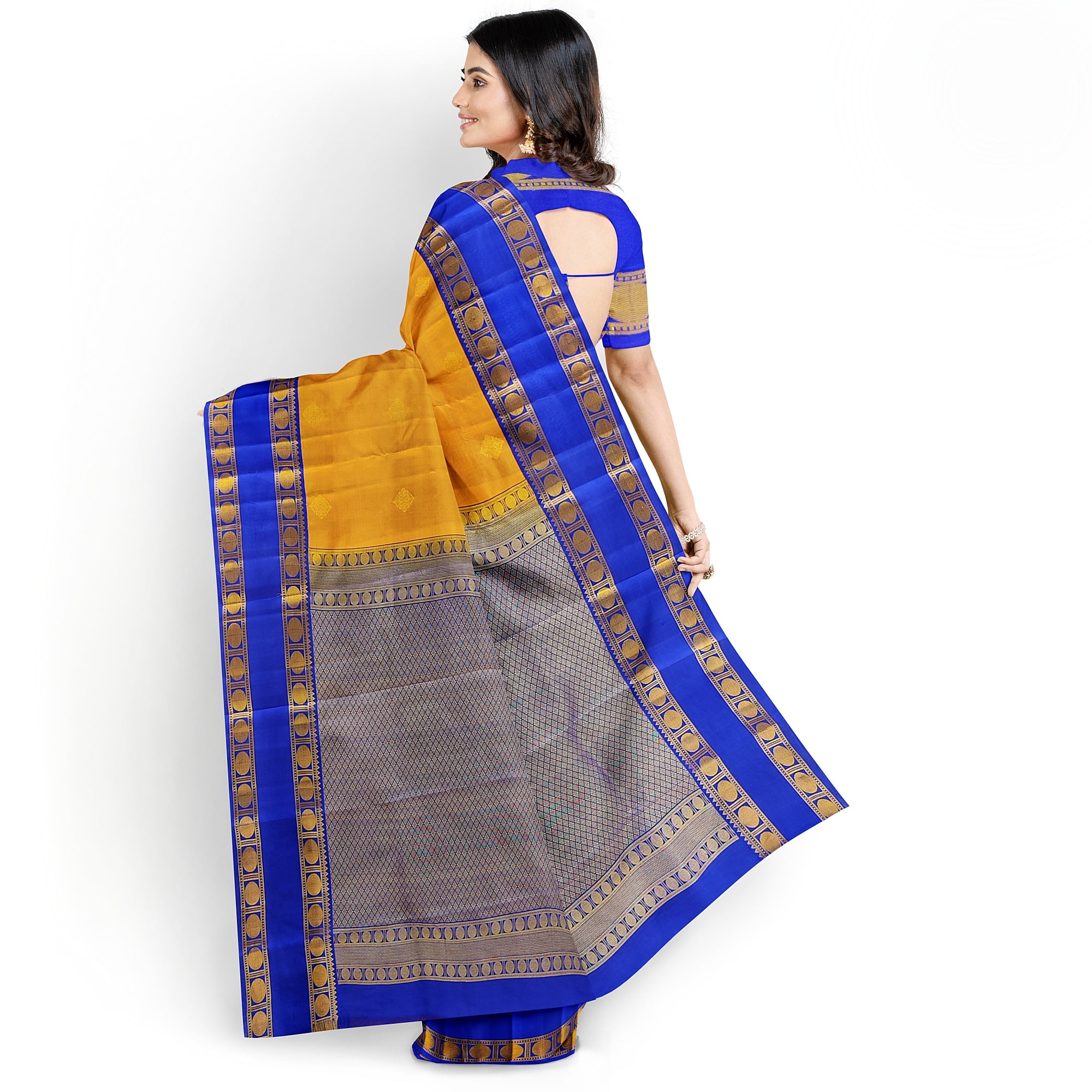 Mustard Yellow Kanjivaram Silk Saree with Navy Blue Zari Border – Traditional Handloom Saree Online - New Sudarshan Silks`