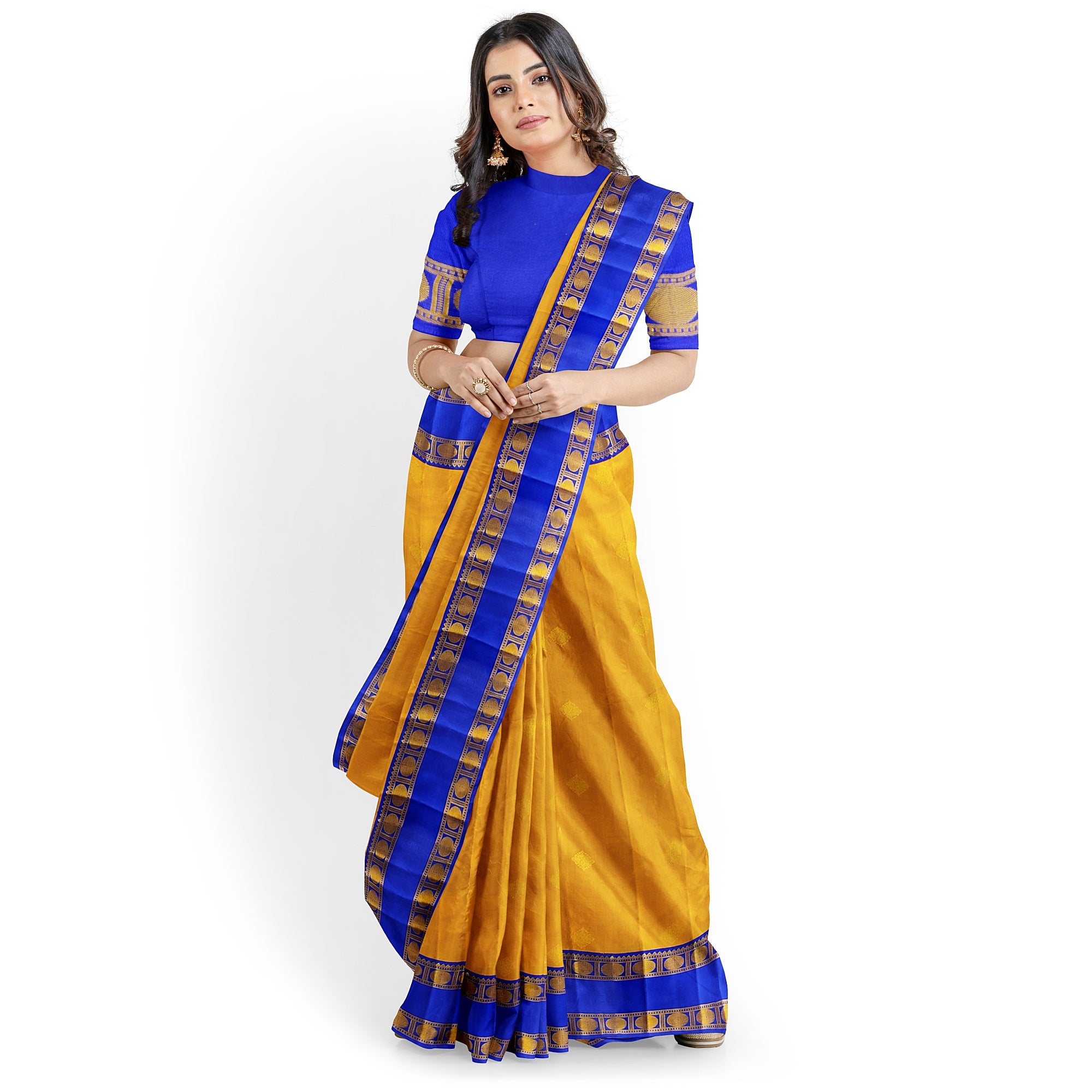 Mustard Yellow Kanjivaram Silk Saree with Navy Blue Zari Border – Traditional Handloom Saree Online - New Sudarshan Silks`