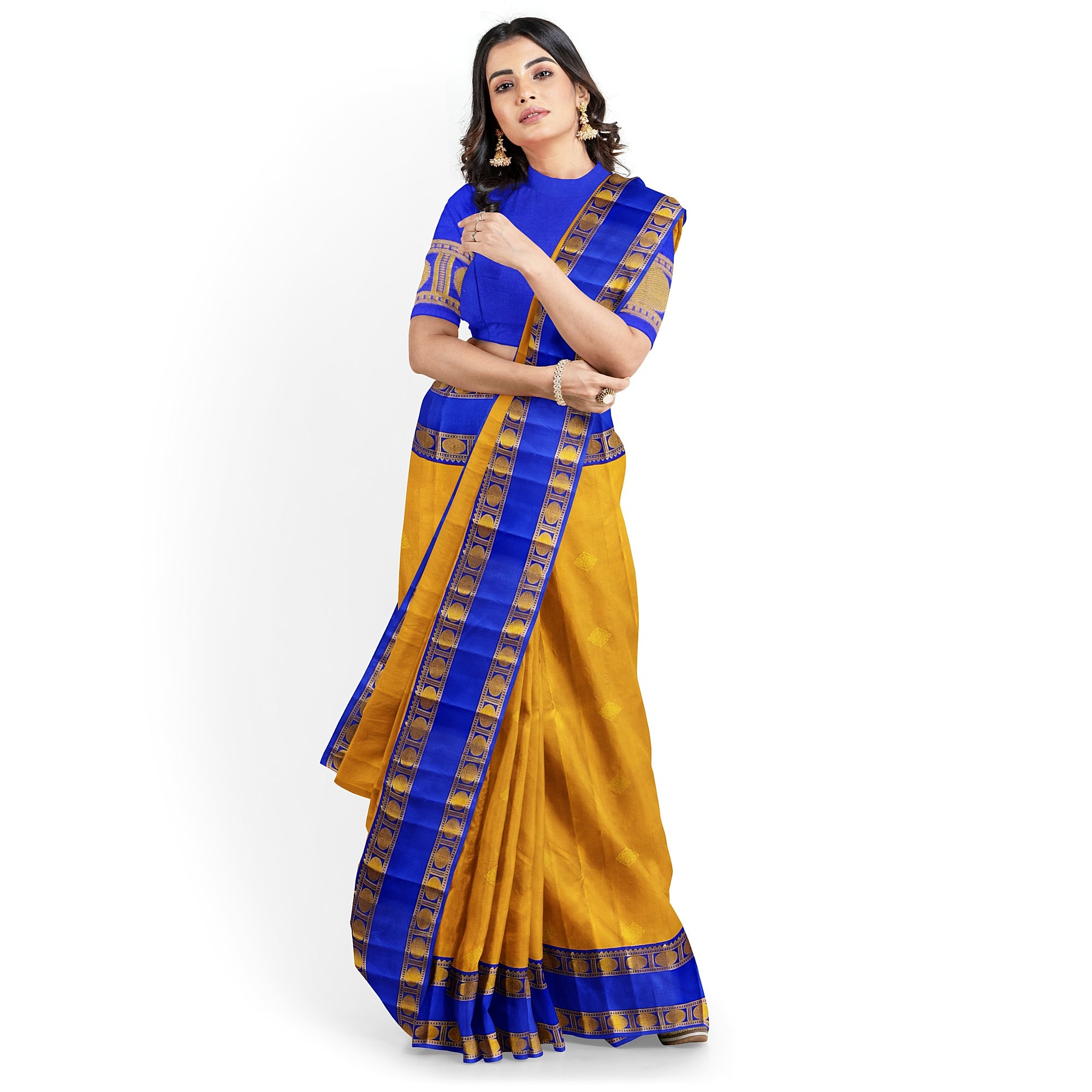 Mustard Yellow Kanjivaram Silk Saree with Navy Blue Zari Border – Traditional Handloom Saree Online - New Sudarshan Silks`