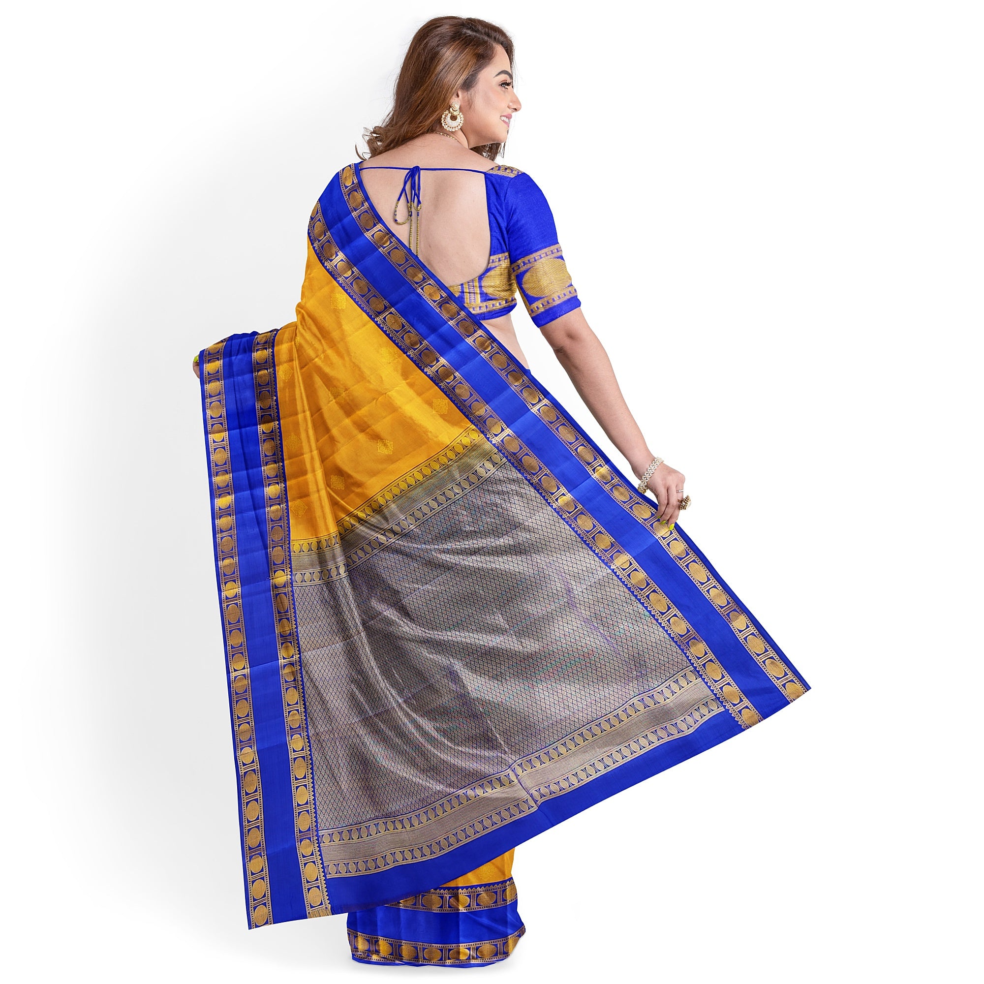 Mustard Yellow Kanjivaram Silk Saree with Navy Blue Zari Border – Traditional Handloom Saree Online - New Sudarshan Silks`