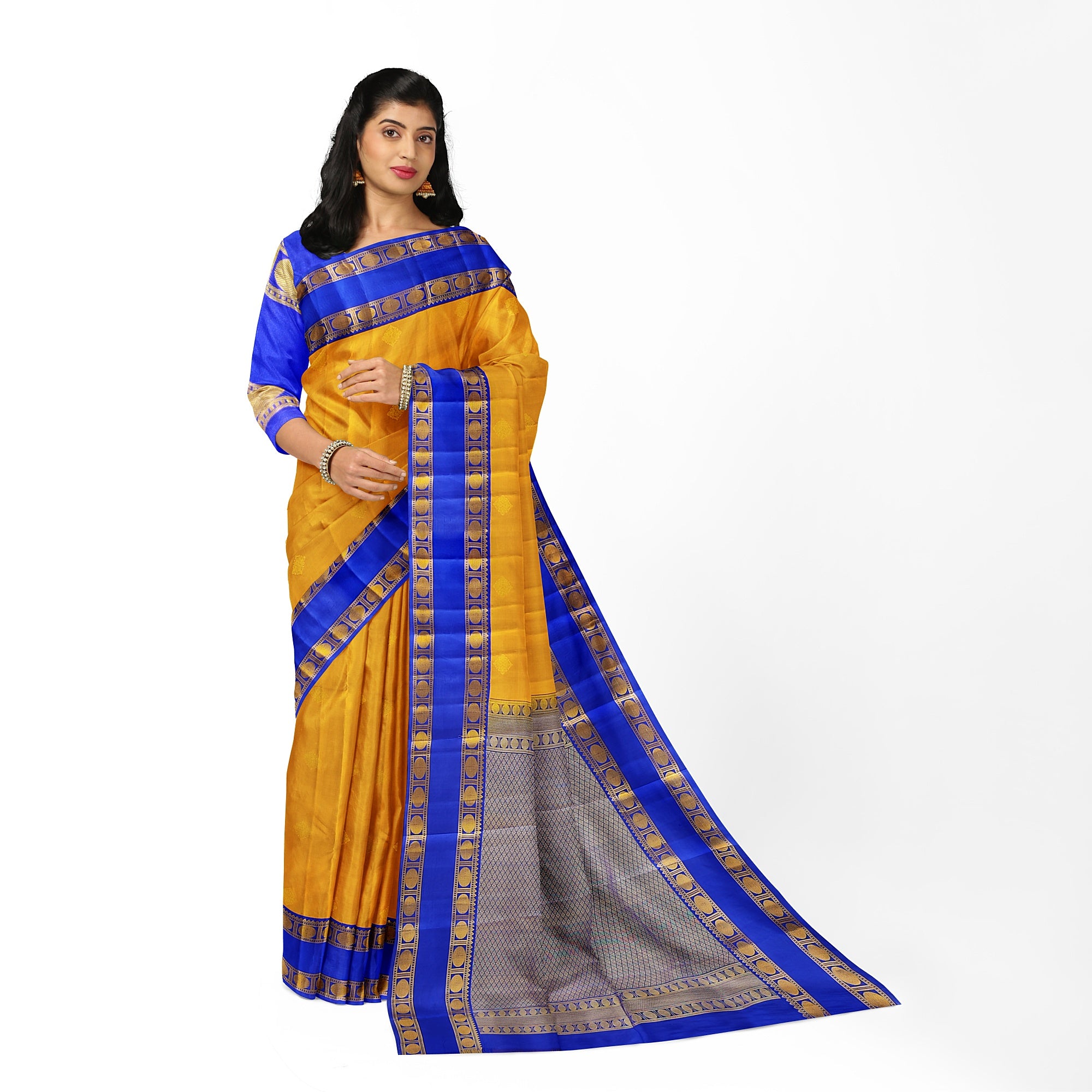 Mustard Yellow Kanjivaram Silk Saree with Navy Blue Zari Border – Traditional Handloom Saree Online - New Sudarshan Silks`