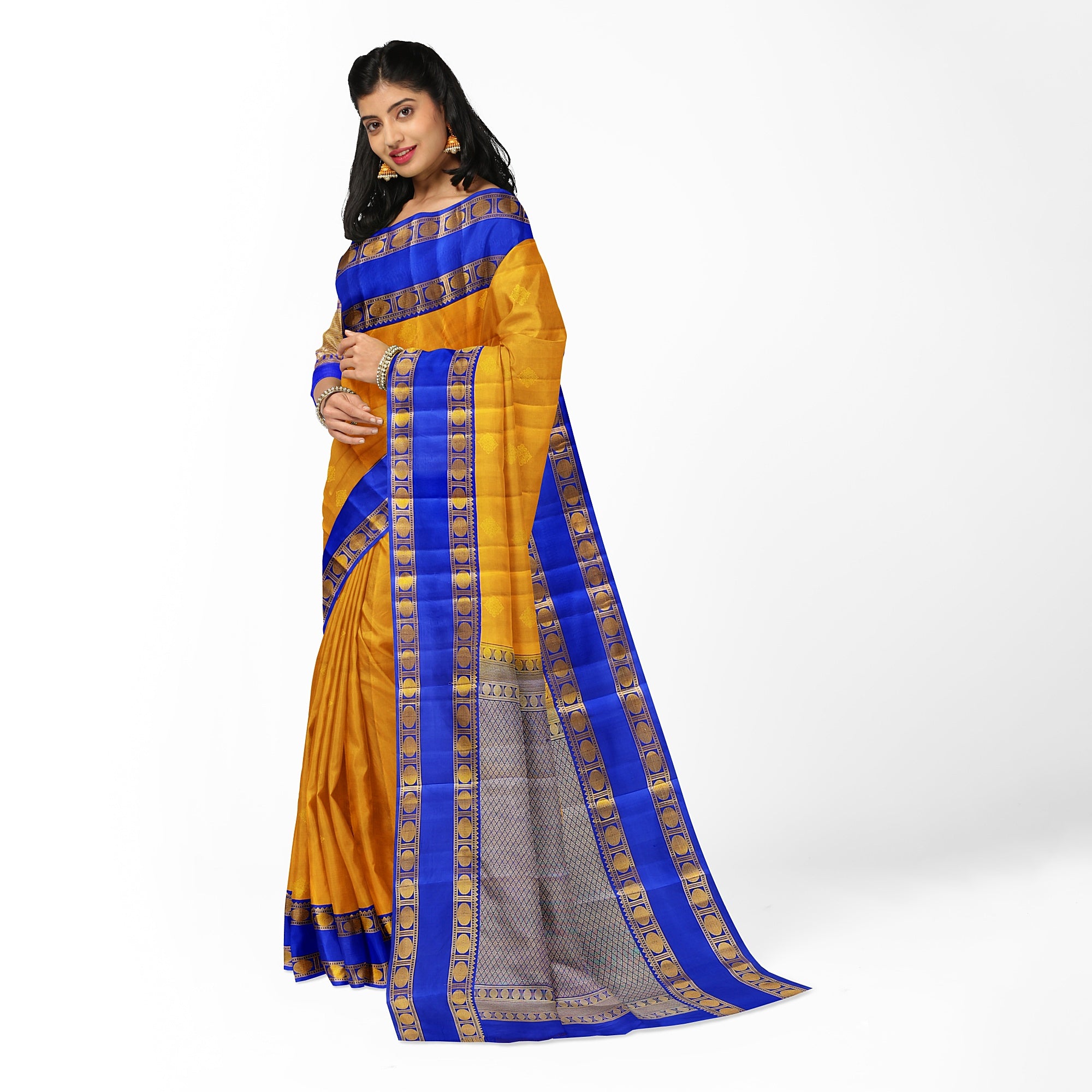 Mustard Yellow Kanjivaram Silk Saree with Navy Blue Zari Border – Traditional Handloom Saree Online - New Sudarshan Silks`