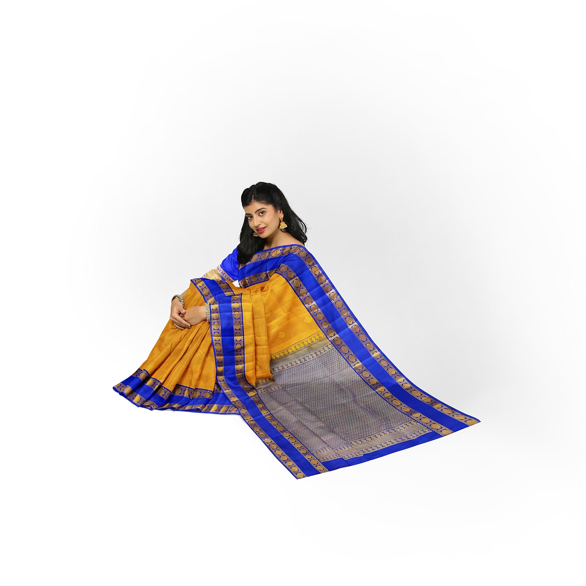 Mustard Yellow Kanjivaram Silk Saree with Navy Blue Zari Border – Traditional Handloom Saree Online - New Sudarshan Silks`