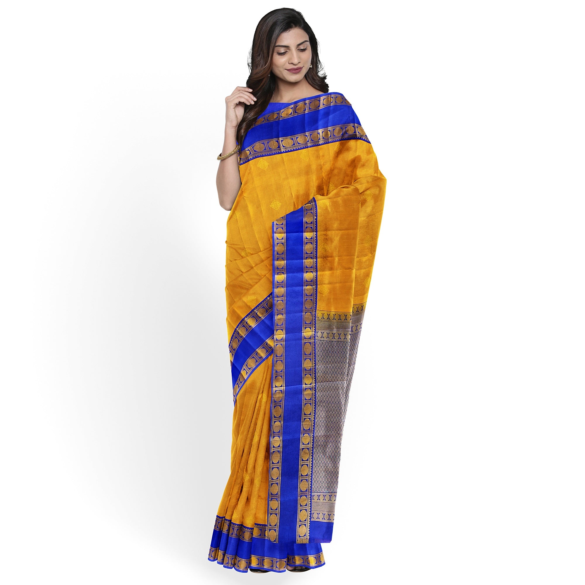 Mustard Yellow Kanjivaram Silk Saree with Navy Blue Zari Border – Traditional Handloom Saree Online - New Sudarshan Silks`