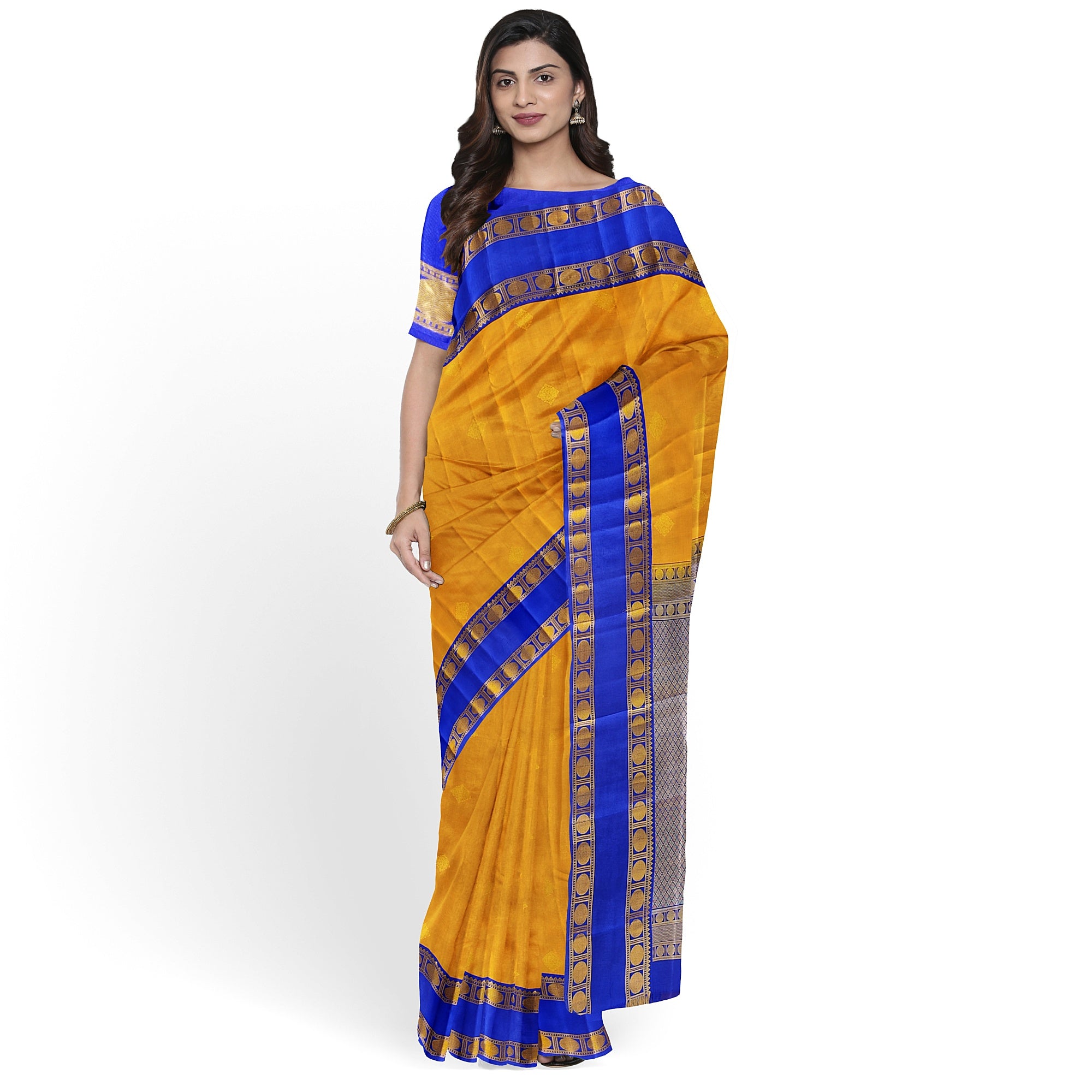 Mustard Yellow Kanjivaram Silk Saree with Navy Blue Zari Border – Traditional Handloom Saree Online - New Sudarshan Silks`