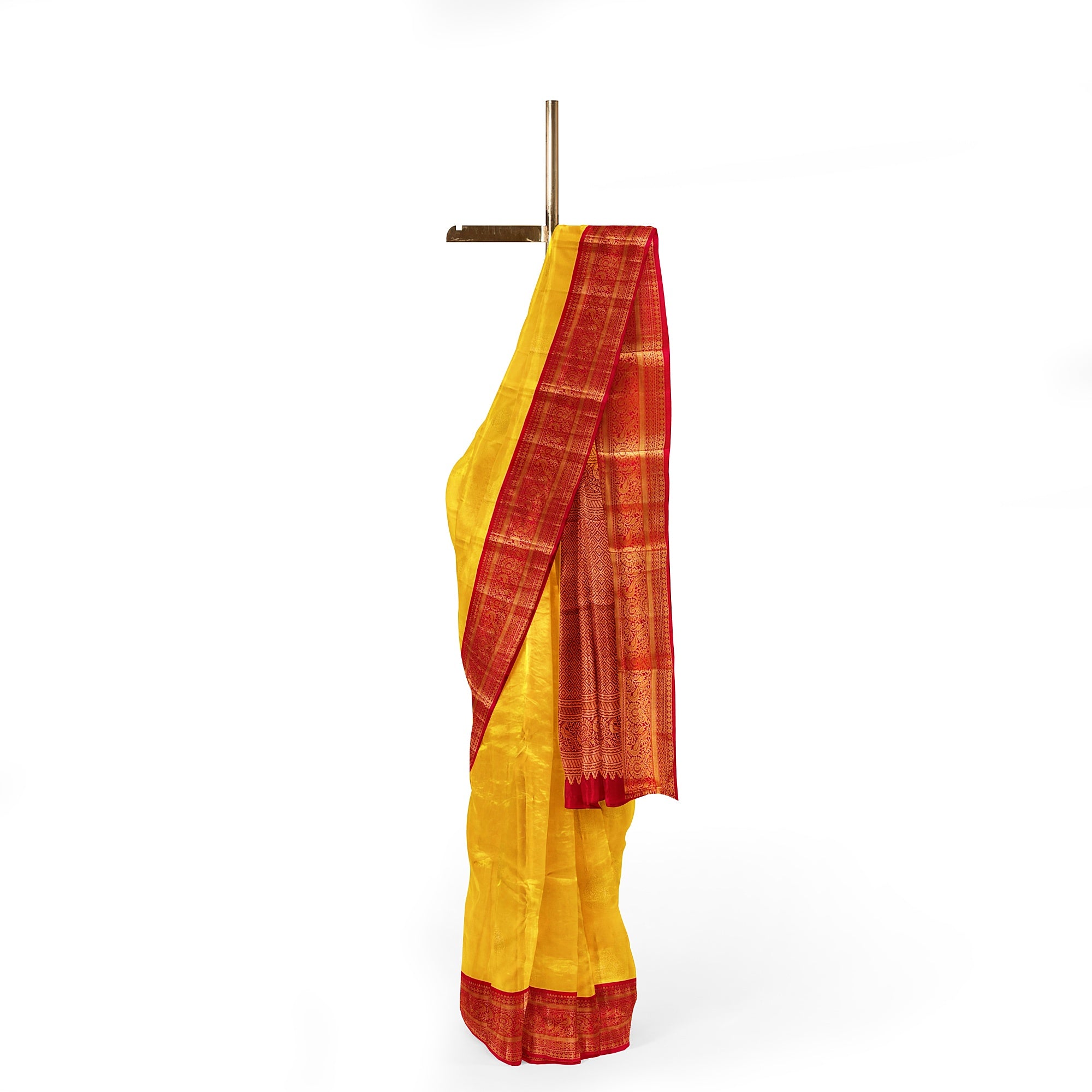 Yellow Kanjivaram Silk Saree with Red Traditional Zari Border – Elegant Handloom Wedding Saree Online - New Sudarshan Silks`