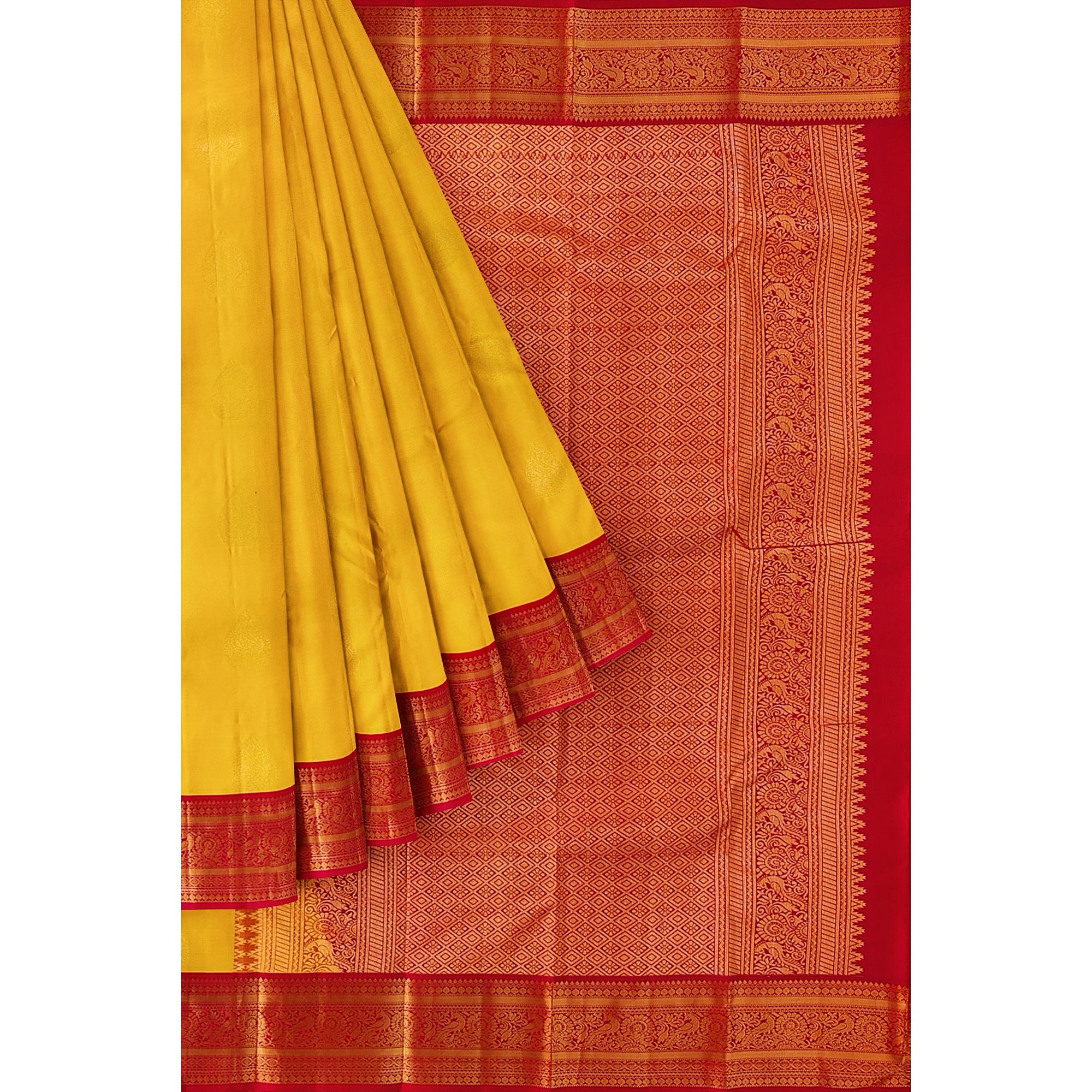 Yellow Kanjivaram Silk Saree with Red Traditional Zari Border – Elegant Handloom Wedding Saree Online - New Sudarshan Silks`