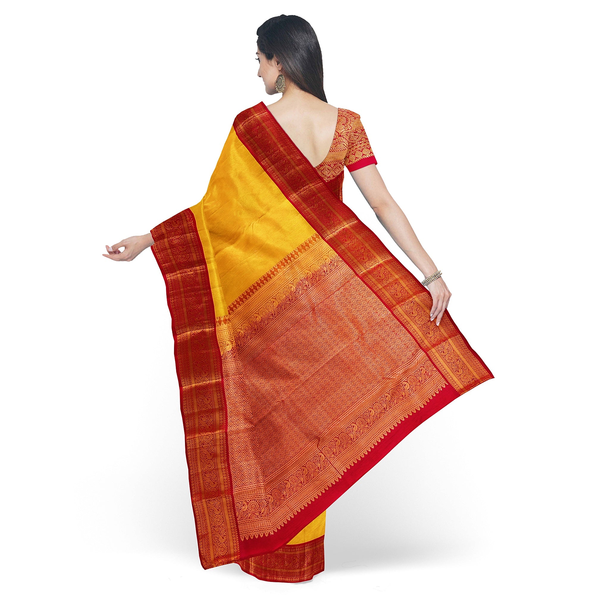 Yellow Kanjivaram Silk Saree with Red Traditional Zari Border – Elegant Handloom Wedding Saree Online - New Sudarshan Silks`