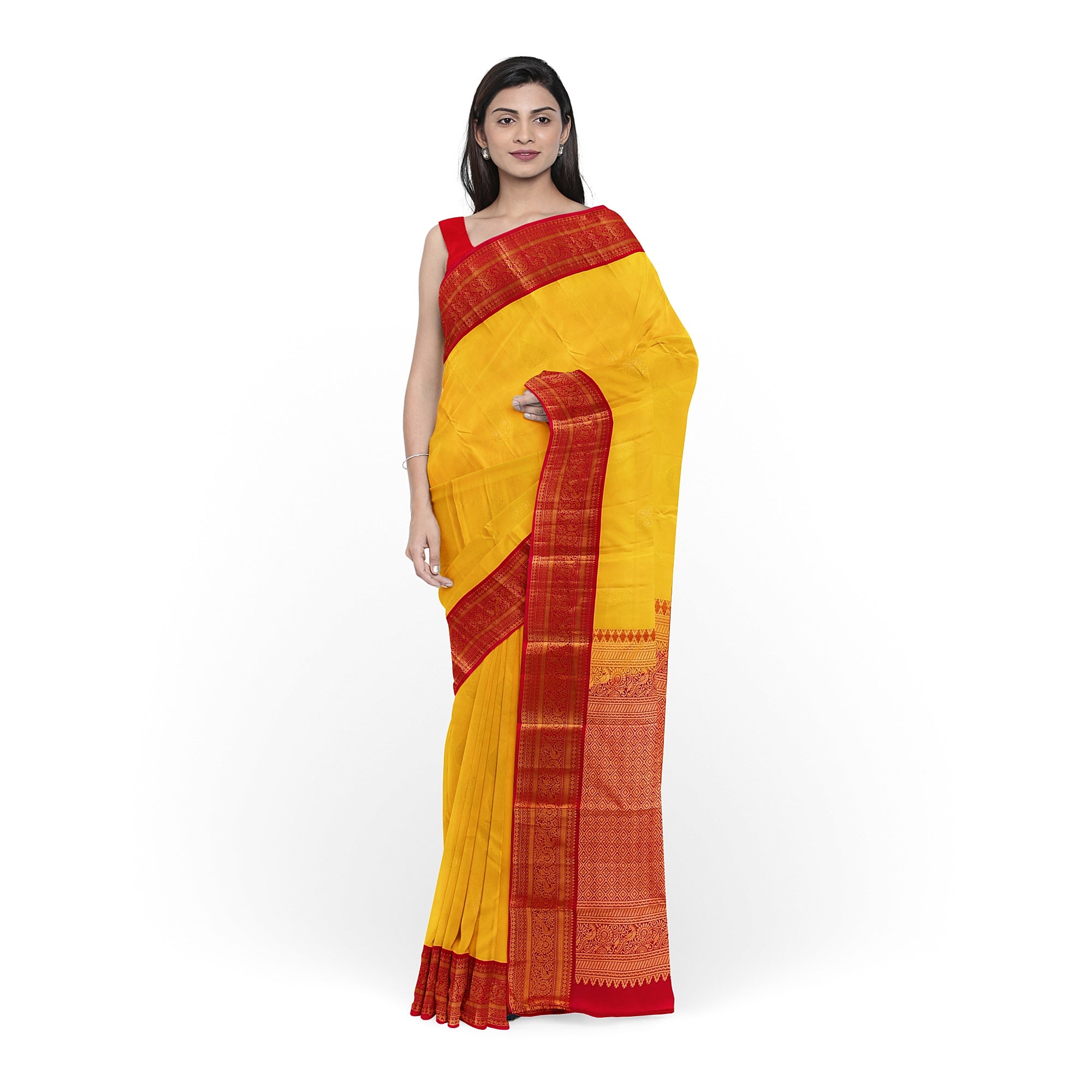 Yellow Kanjivaram Silk Saree with Red Traditional Zari Border – Elegant Handloom Wedding Saree Online - New Sudarshan Silks`