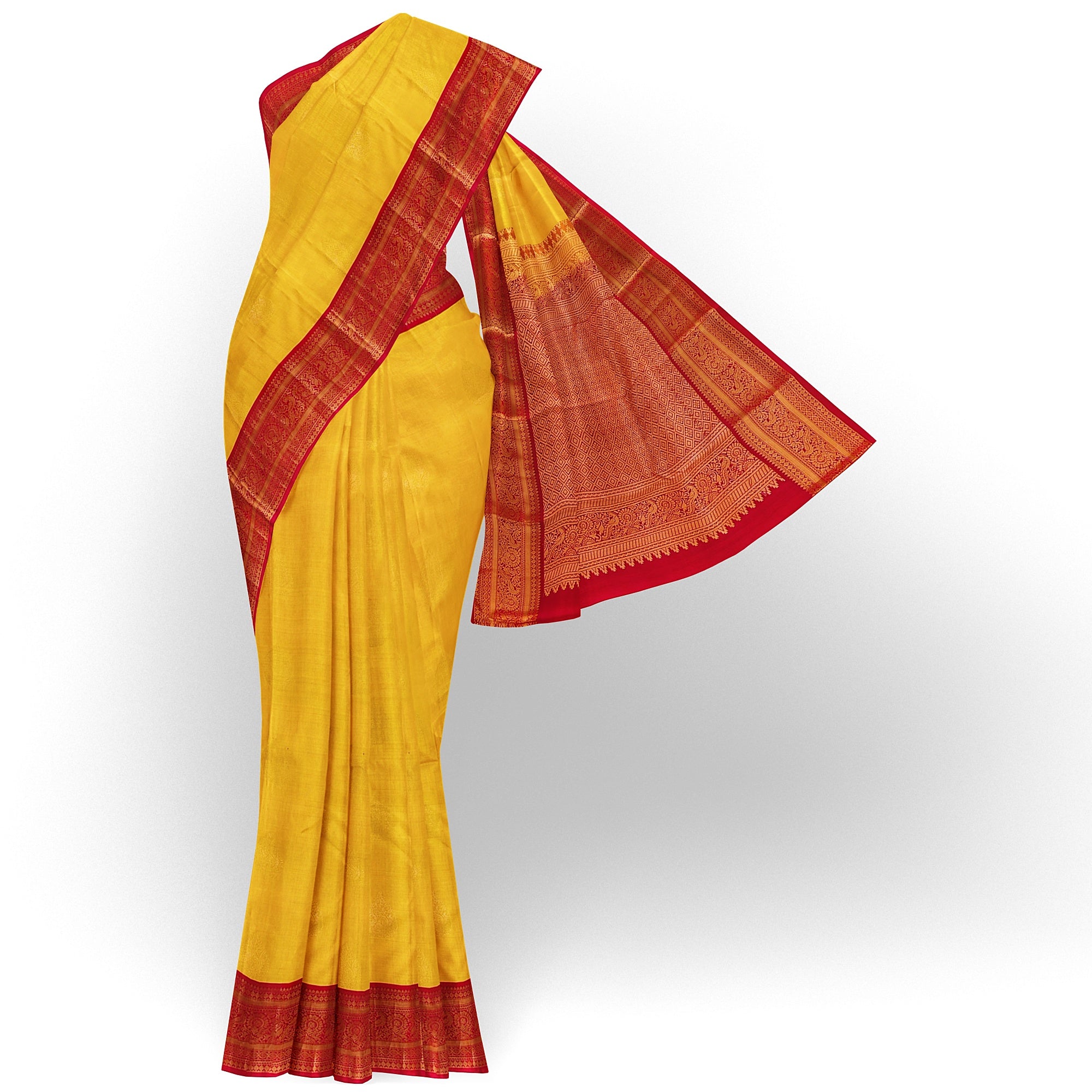 Yellow Kanjivaram Silk Saree with Red Traditional Zari Border – Elegant Handloom Wedding Saree Online - New Sudarshan Silks`