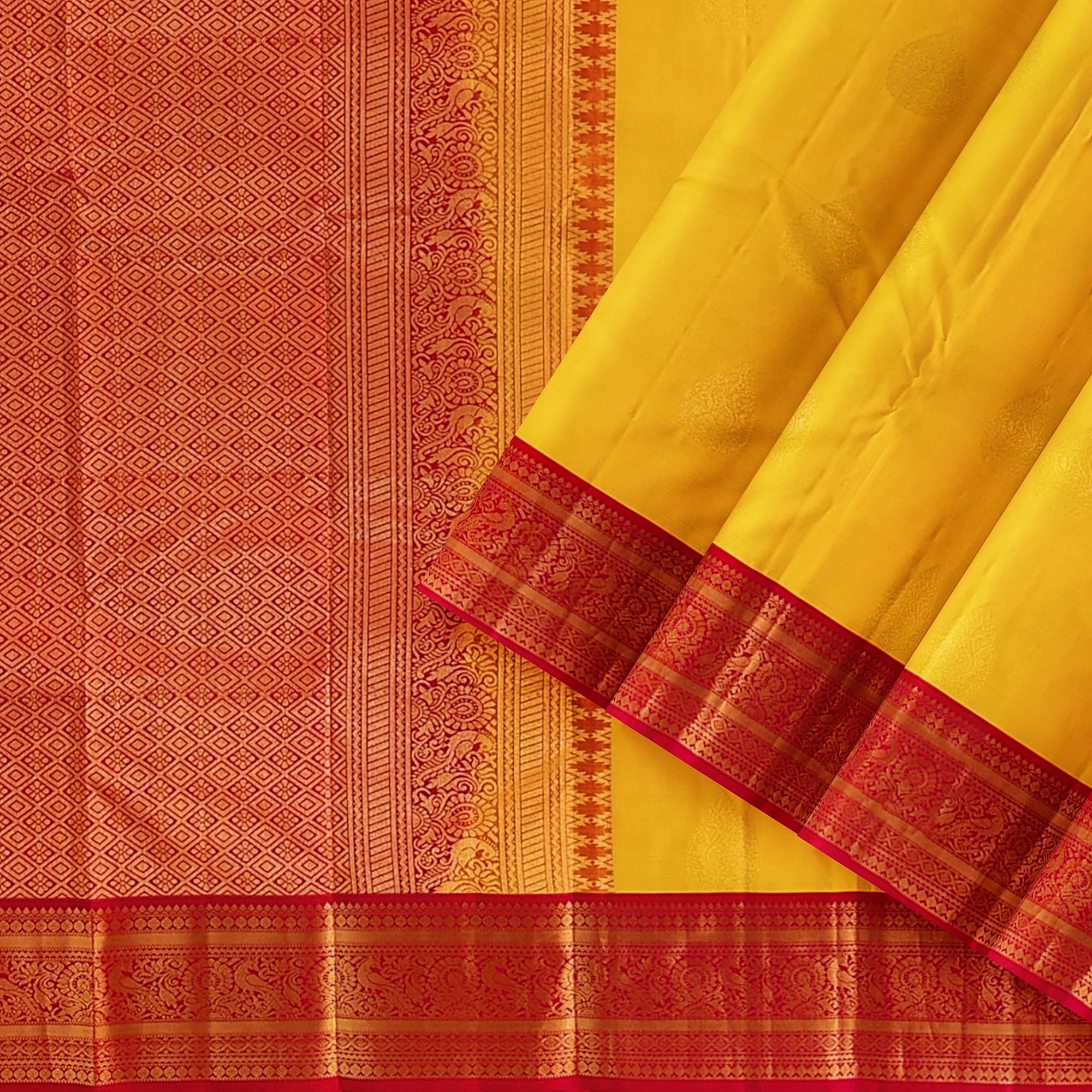 Yellow Kanjivaram Silk Saree with Red Traditional Zari Border – Elegant Handloom Wedding Saree Online - New Sudarshan Silks`