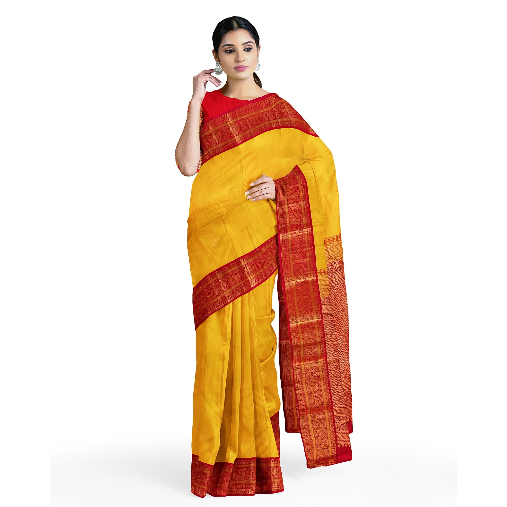 Yellow Kanjivaram Silk Saree with Red Traditional Zari Border – Elegant Handloom Wedding Saree Online - New Sudarshan Silks`