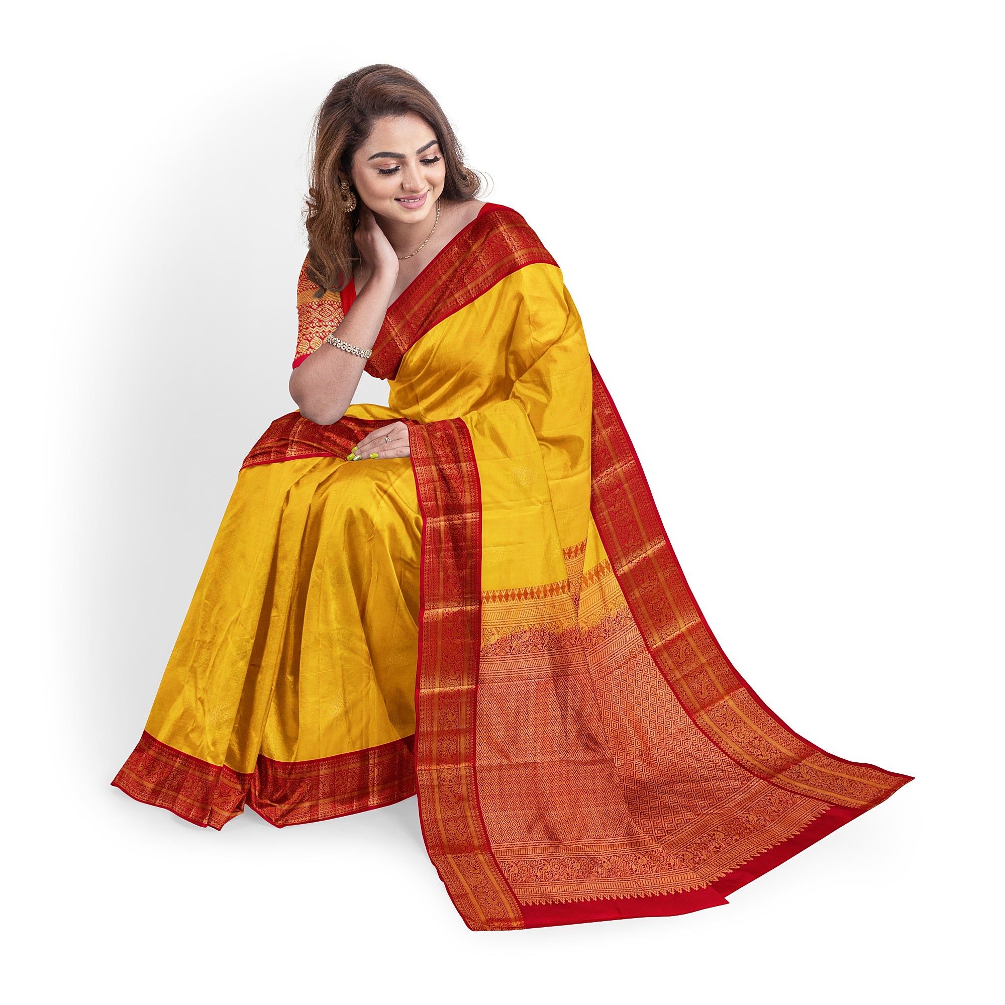 Yellow Kanjivaram Silk Saree with Red Traditional Zari Border – Elegant Handloom Wedding Saree Online - New Sudarshan Silks`