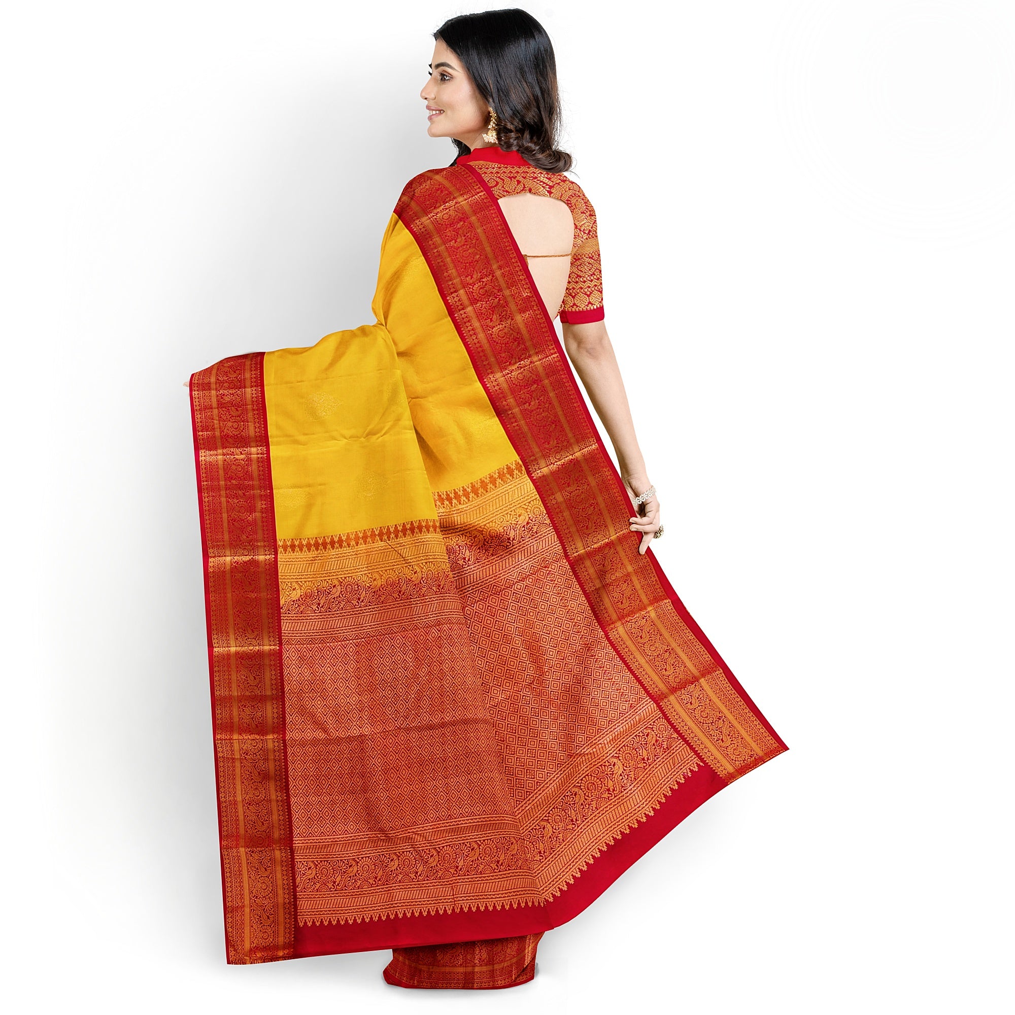 Yellow Kanjivaram Silk Saree with Red Traditional Zari Border – Elegant Handloom Wedding Saree Online - New Sudarshan Silks`
