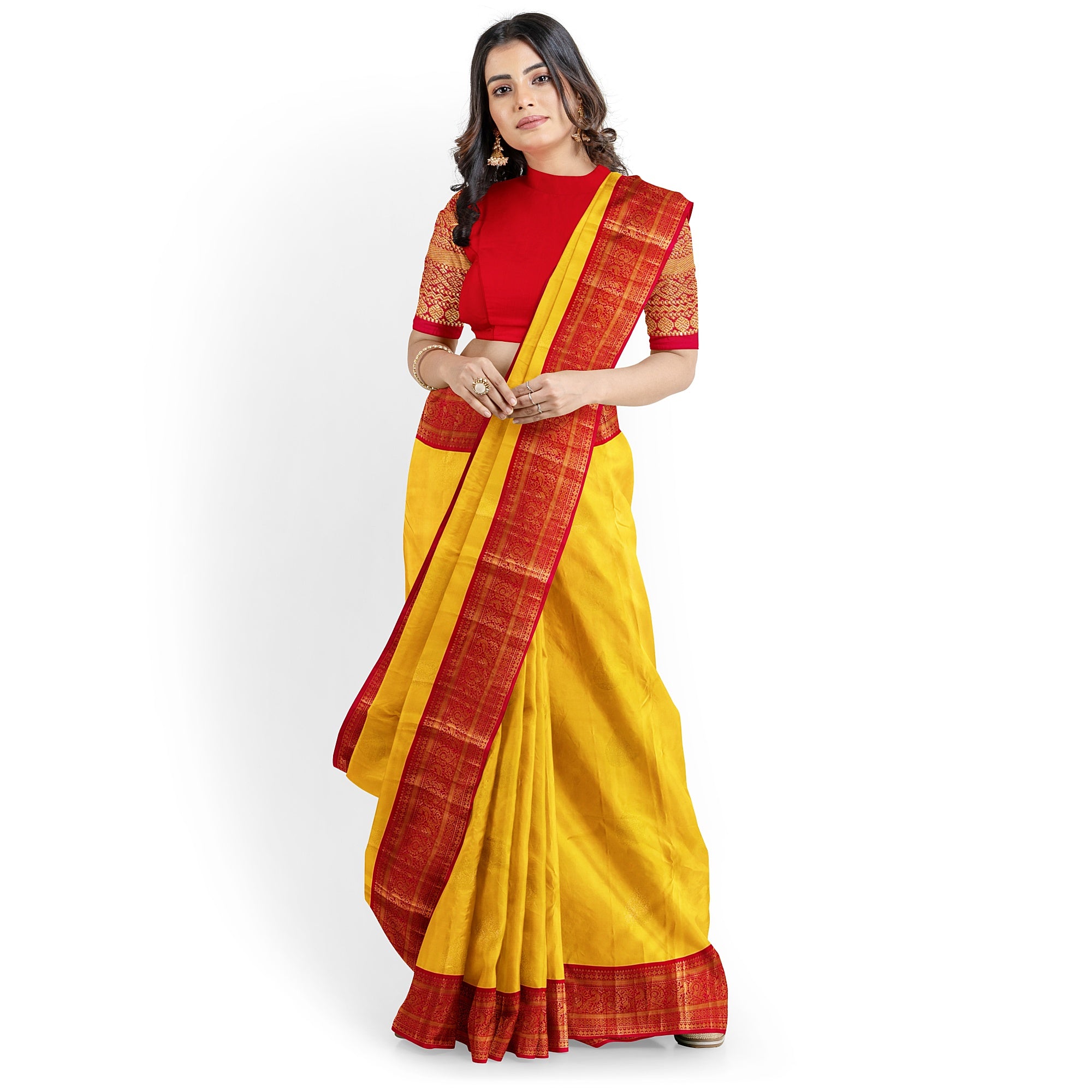 Yellow Kanjivaram Silk Saree with Red Traditional Zari Border – Elegant Handloom Wedding Saree Online - New Sudarshan Silks`