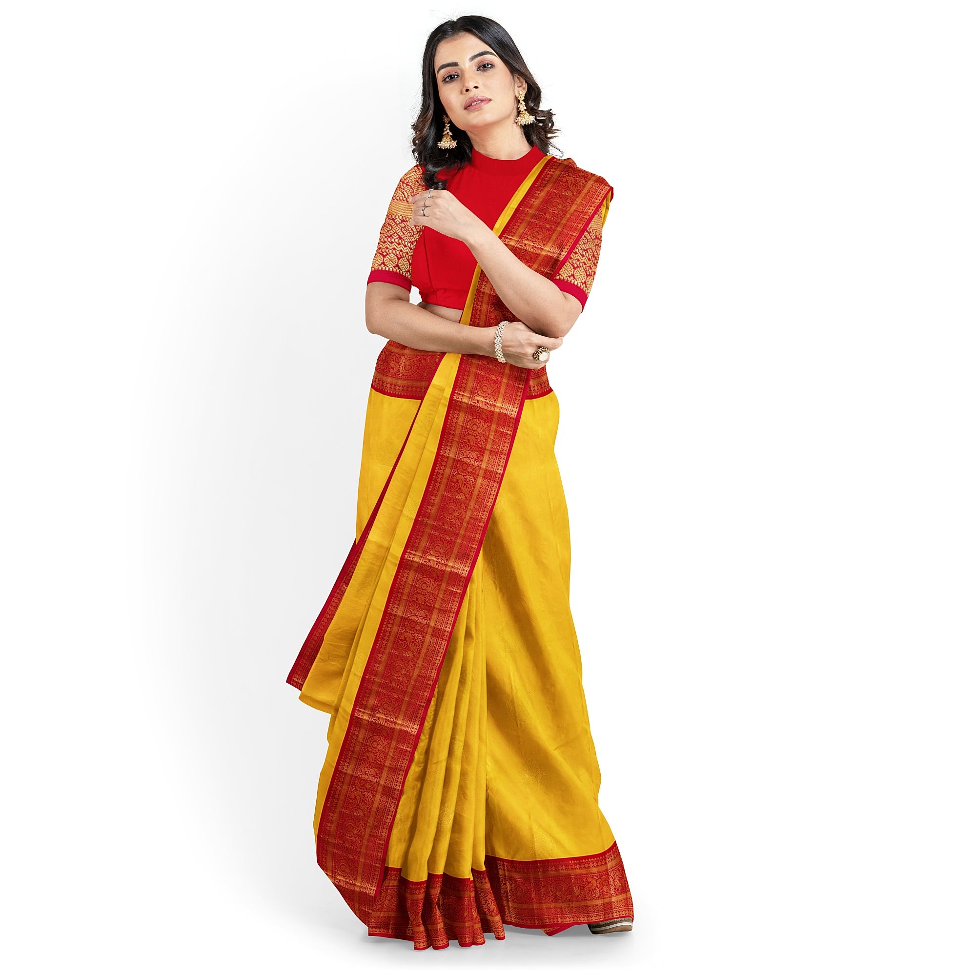 Yellow Kanjivaram Silk Saree with Red Traditional Zari Border – Elegant Handloom Wedding Saree Online - New Sudarshan Silks`