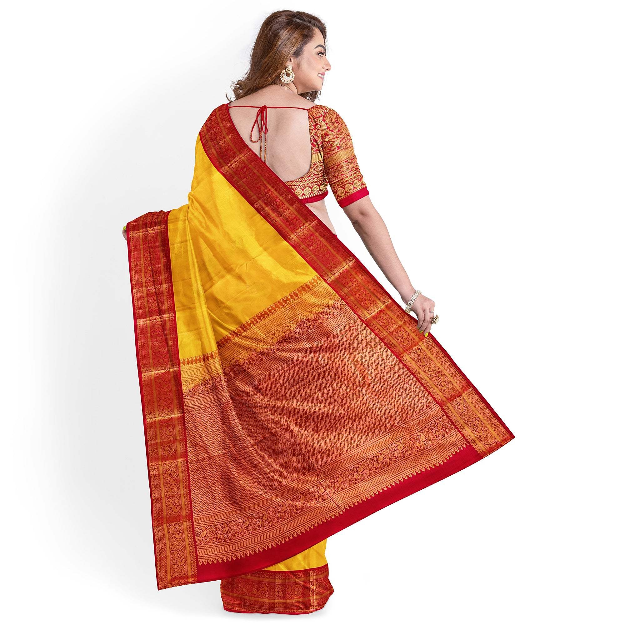 Yellow Kanjivaram Silk Saree with Red Traditional Zari Border – Elegant Handloom Wedding Saree Online - New Sudarshan Silks`