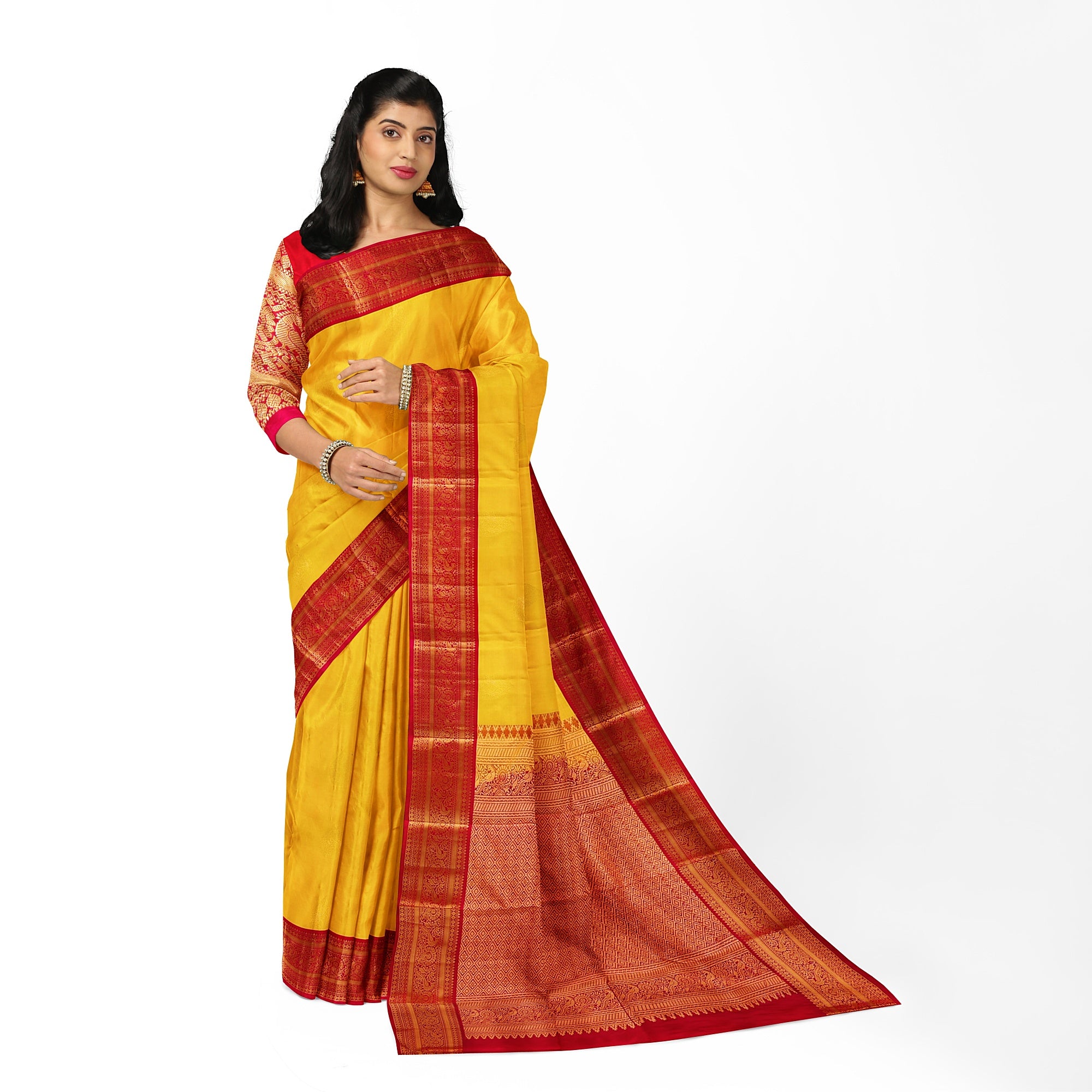 Yellow Kanjivaram Silk Saree with Red Traditional Zari Border – Elegant Handloom Wedding Saree Online - New Sudarshan Silks`