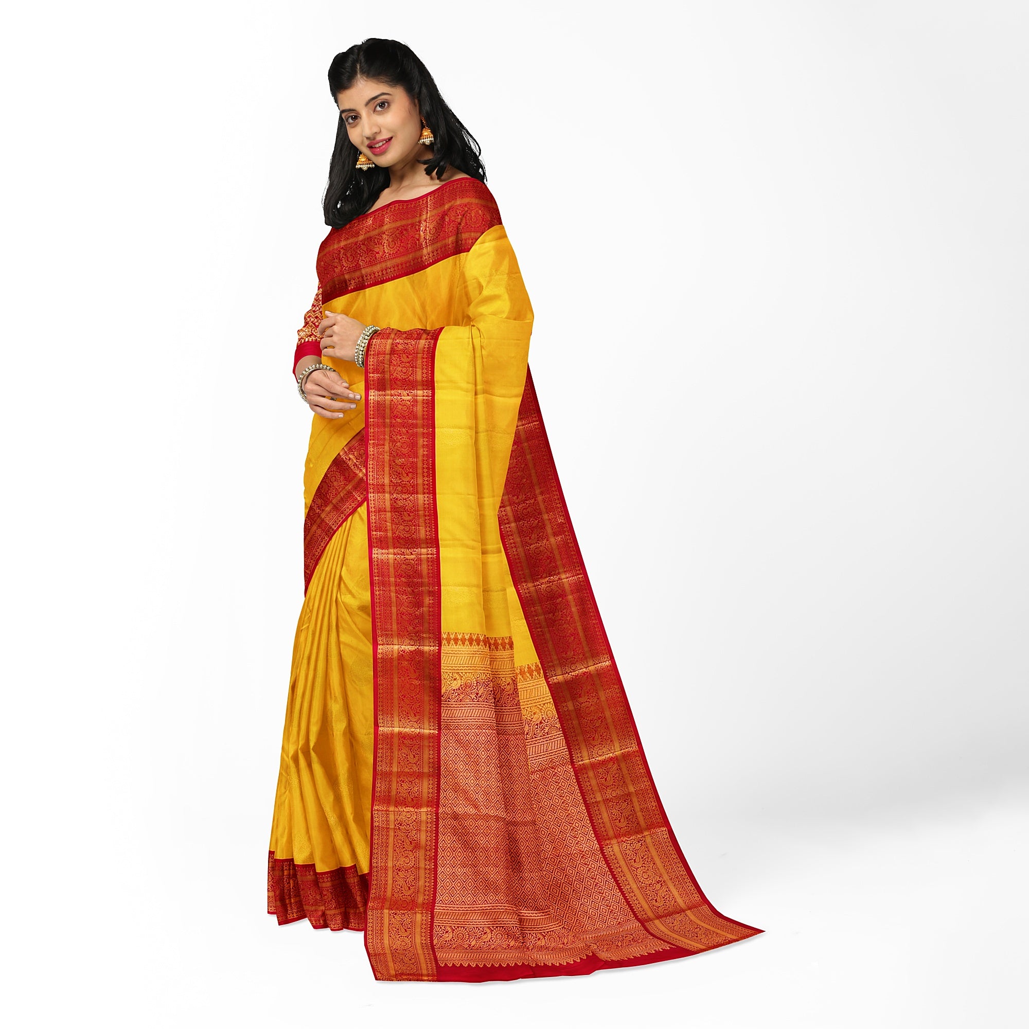 Yellow Kanjivaram Silk Saree with Red Traditional Zari Border – Elegant Handloom Wedding Saree Online - New Sudarshan Silks`