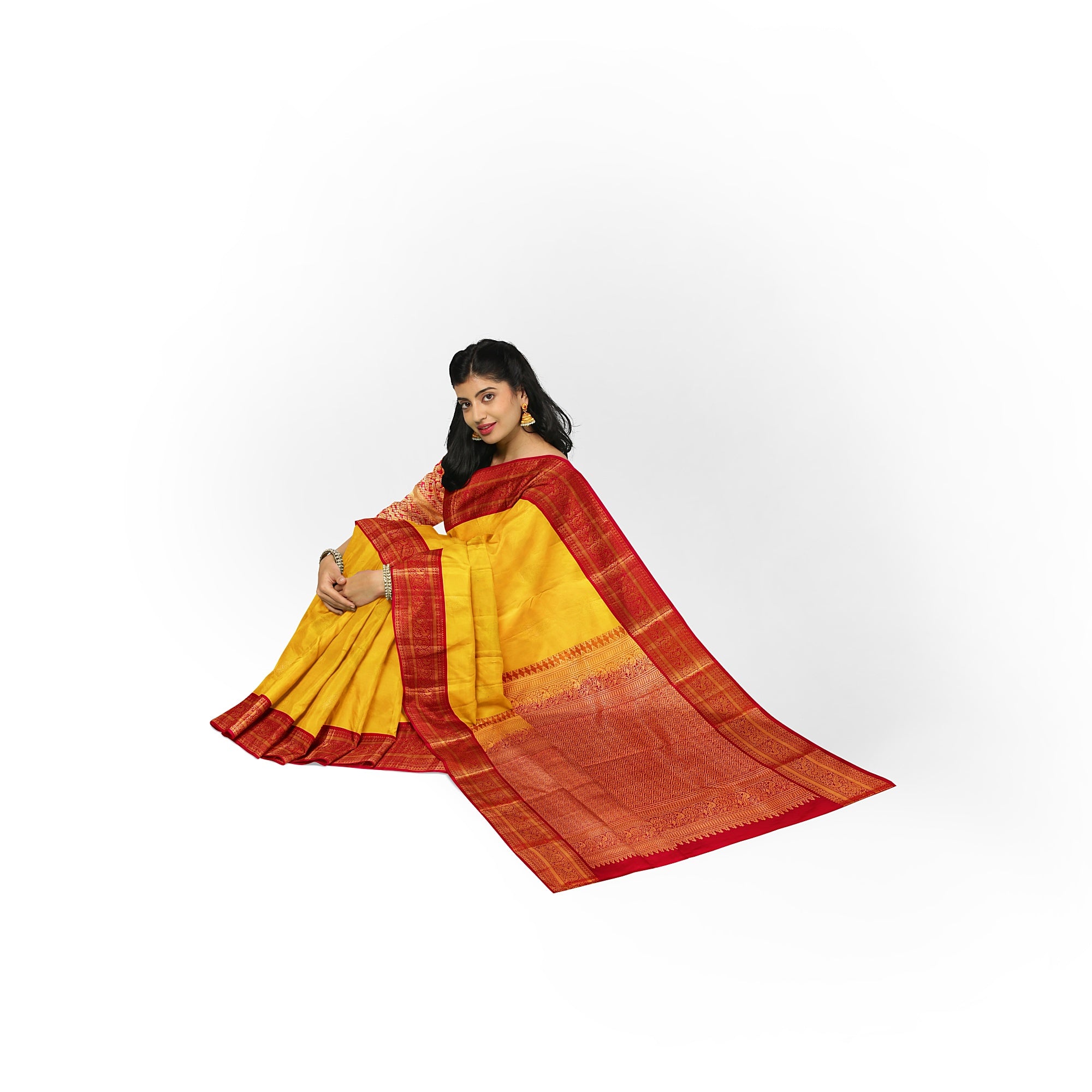 Yellow Kanjivaram Silk Saree with Red Traditional Zari Border – Elegant Handloom Wedding Saree Online - New Sudarshan Silks`