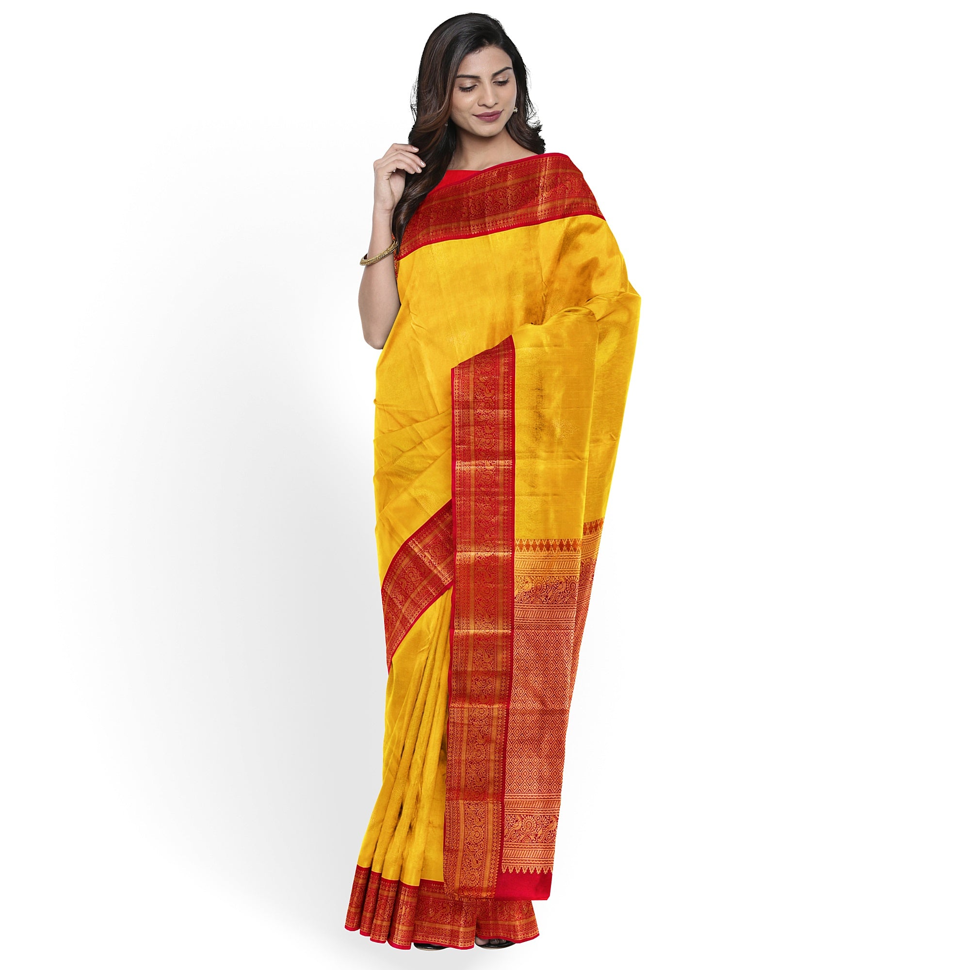 Yellow Kanjivaram Silk Saree with Red Traditional Zari Border – Elegant Handloom Wedding Saree Online - New Sudarshan Silks`