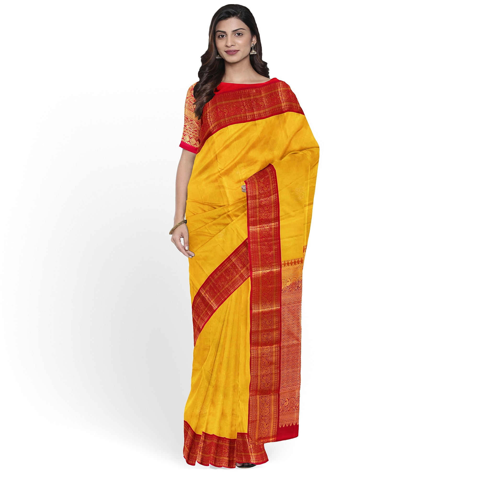 Yellow Kanjivaram Silk Saree with Red Traditional Zari Border – Elegant Handloom Wedding Saree Online - New Sudarshan Silks`
