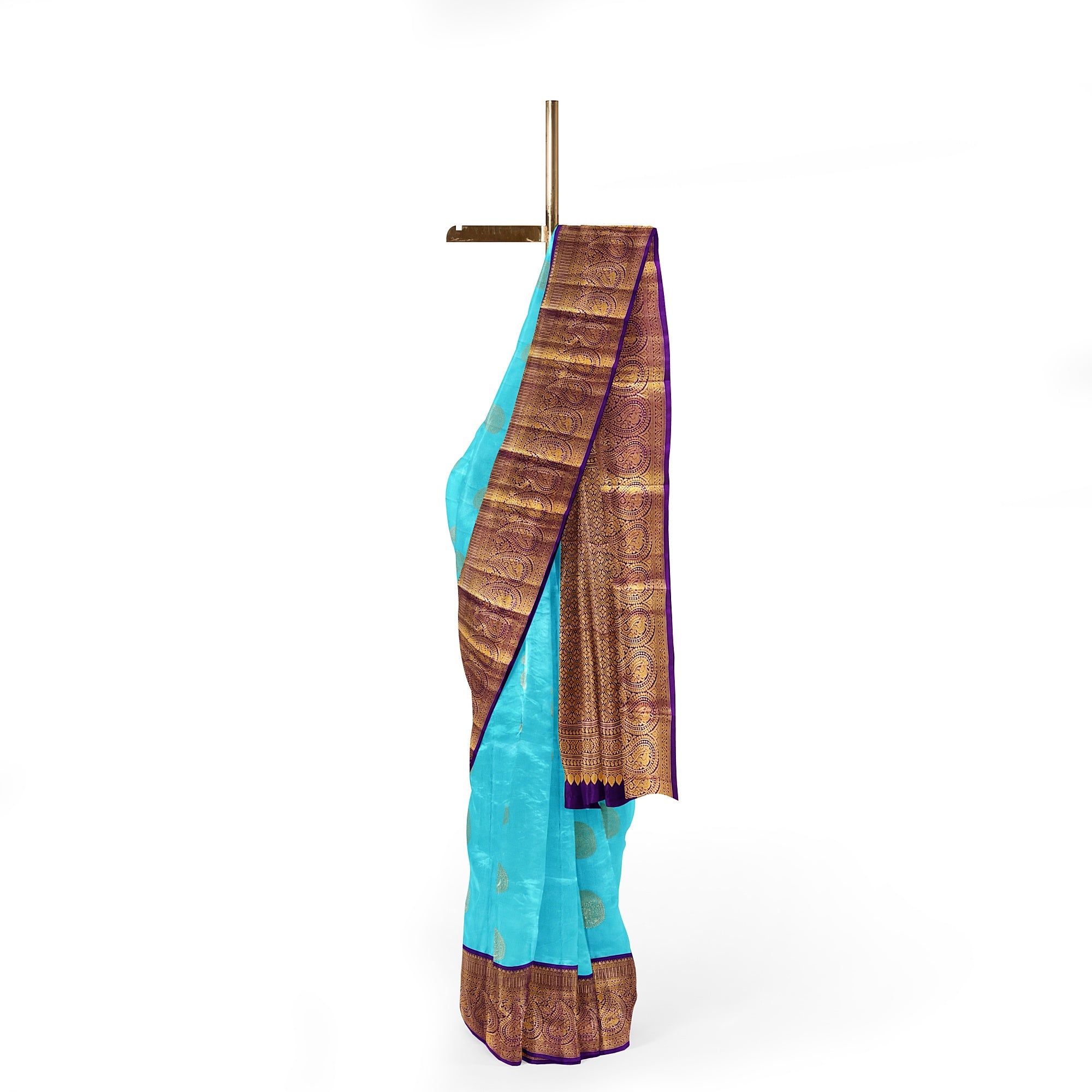 Sky Blue Kanjivaram Silk Saree with Purple Zari Border – Pure Handloom Bridal Saree Online - New Sudarshan Silks`