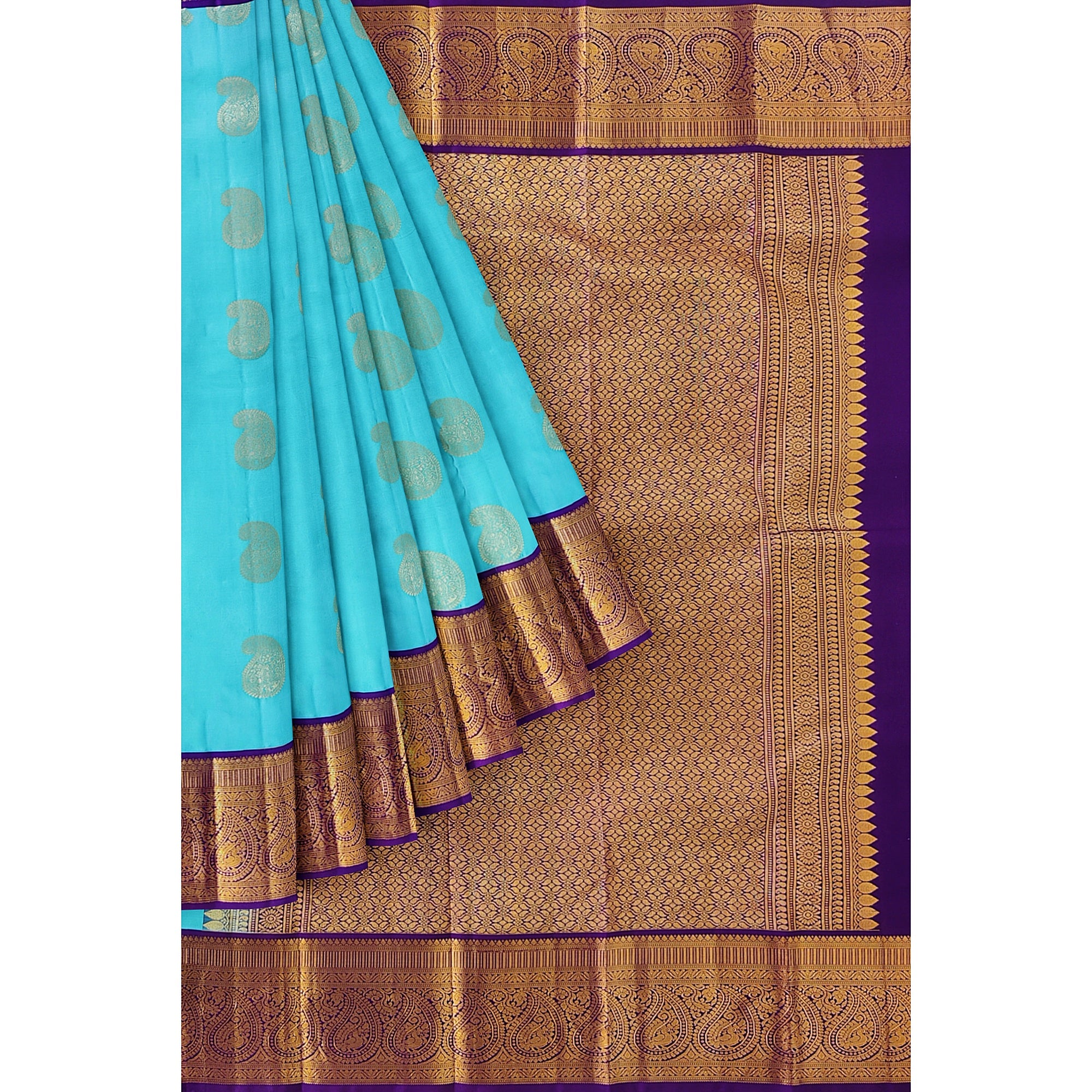 Sky Blue Kanjivaram Silk Saree with Purple Zari Border – Pure Handloom Bridal Saree Online - New Sudarshan Silks`