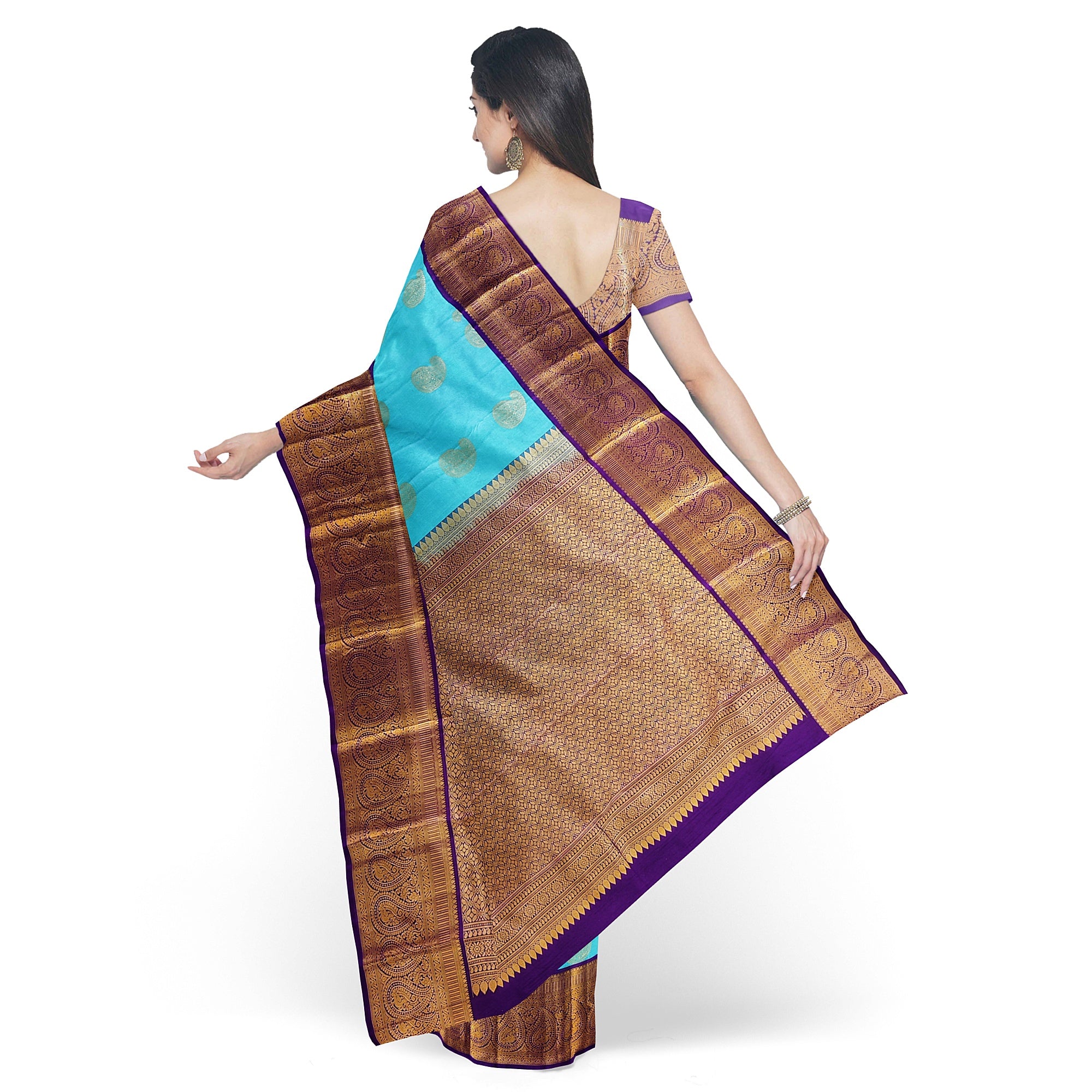 Sky Blue Kanjivaram Silk Saree with Purple Zari Border – Pure Handloom Bridal Saree Online - New Sudarshan Silks`