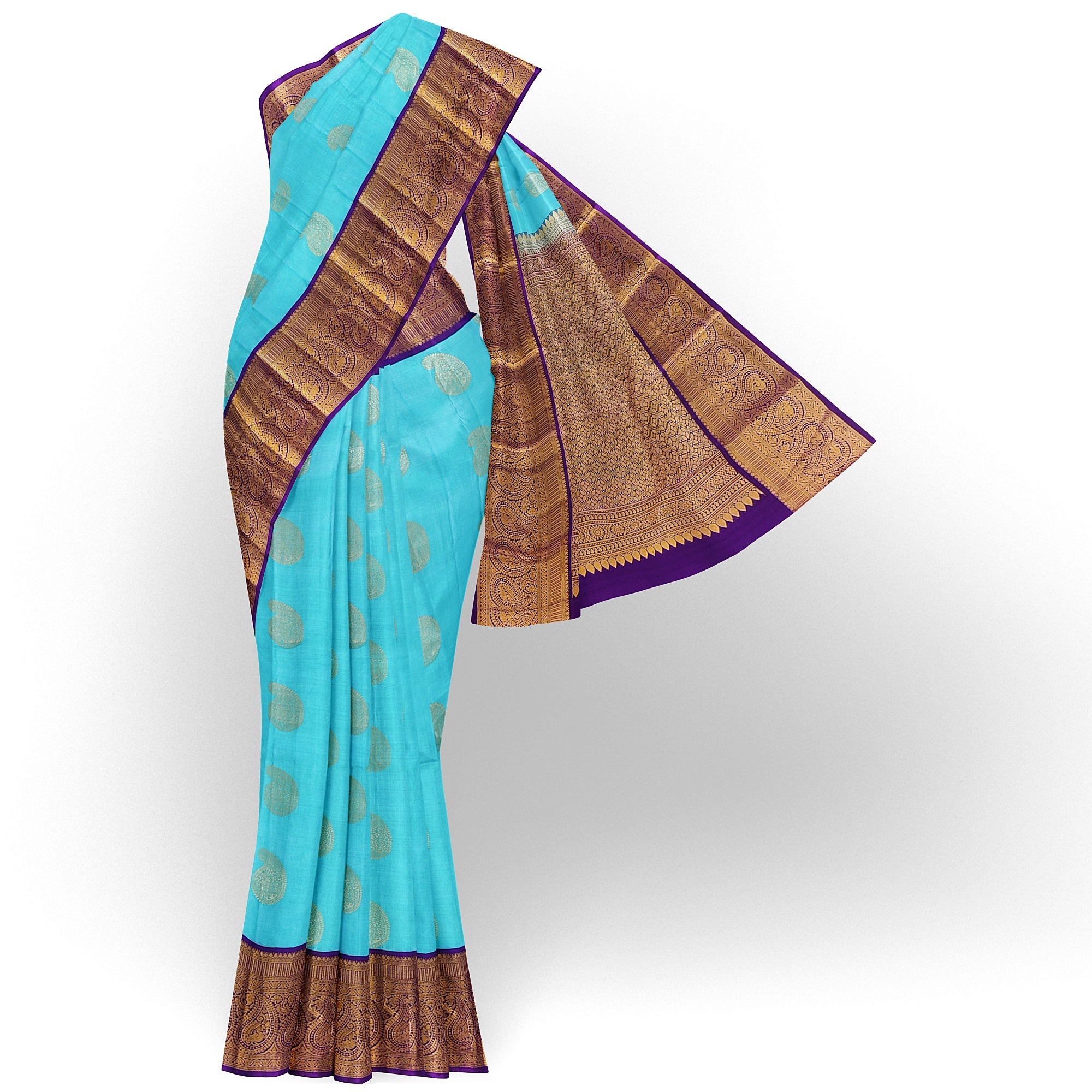 Sky Blue Kanjivaram Silk Saree with Purple Zari Border – Pure Handloom Bridal Saree Online - New Sudarshan Silks`