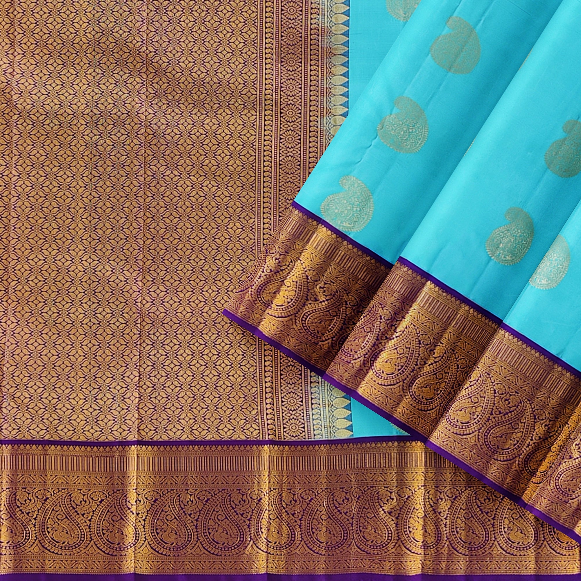 Sky Blue Kanjivaram Silk Saree with Purple Zari Border – Pure Handloom Bridal Saree Online - New Sudarshan Silks`