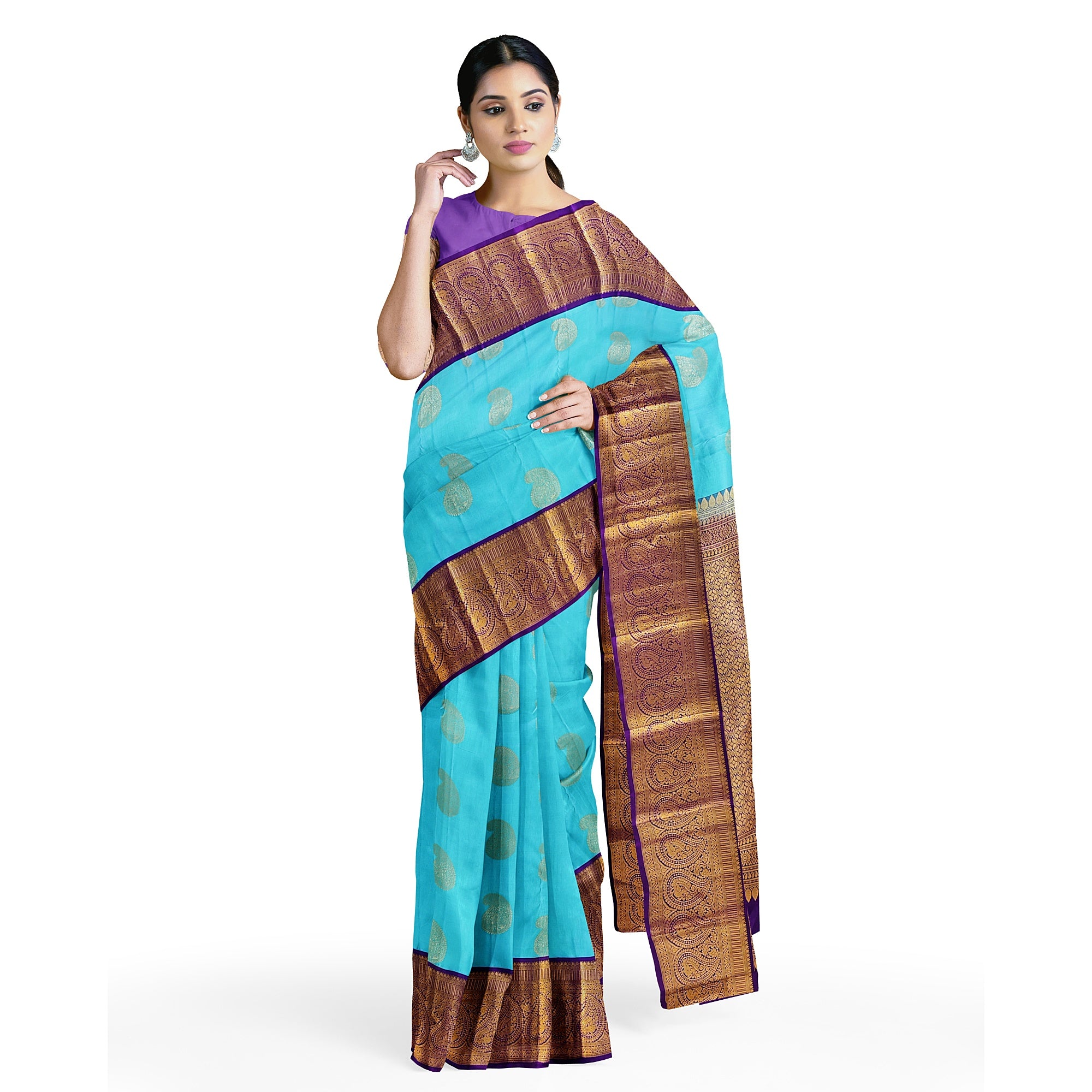 Sky Blue Kanjivaram Silk Saree with Purple Zari Border – Pure Handloom Bridal Saree Online - New Sudarshan Silks`